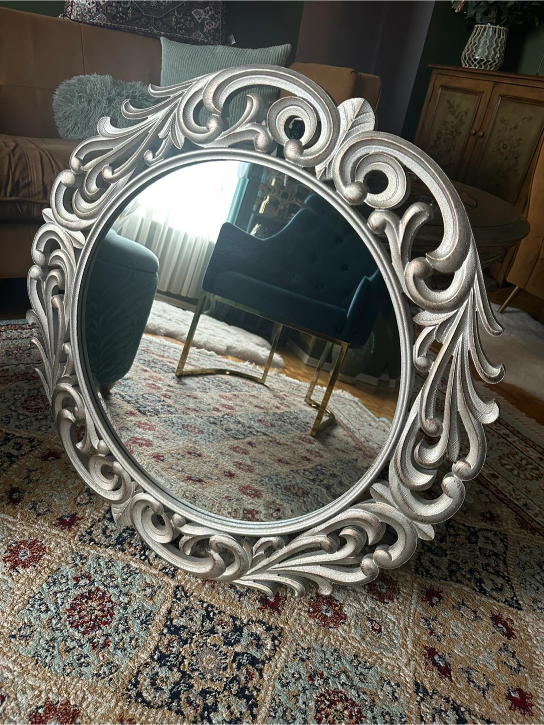 Decorative Ornate Silver Round Wall Mirror - photo 4