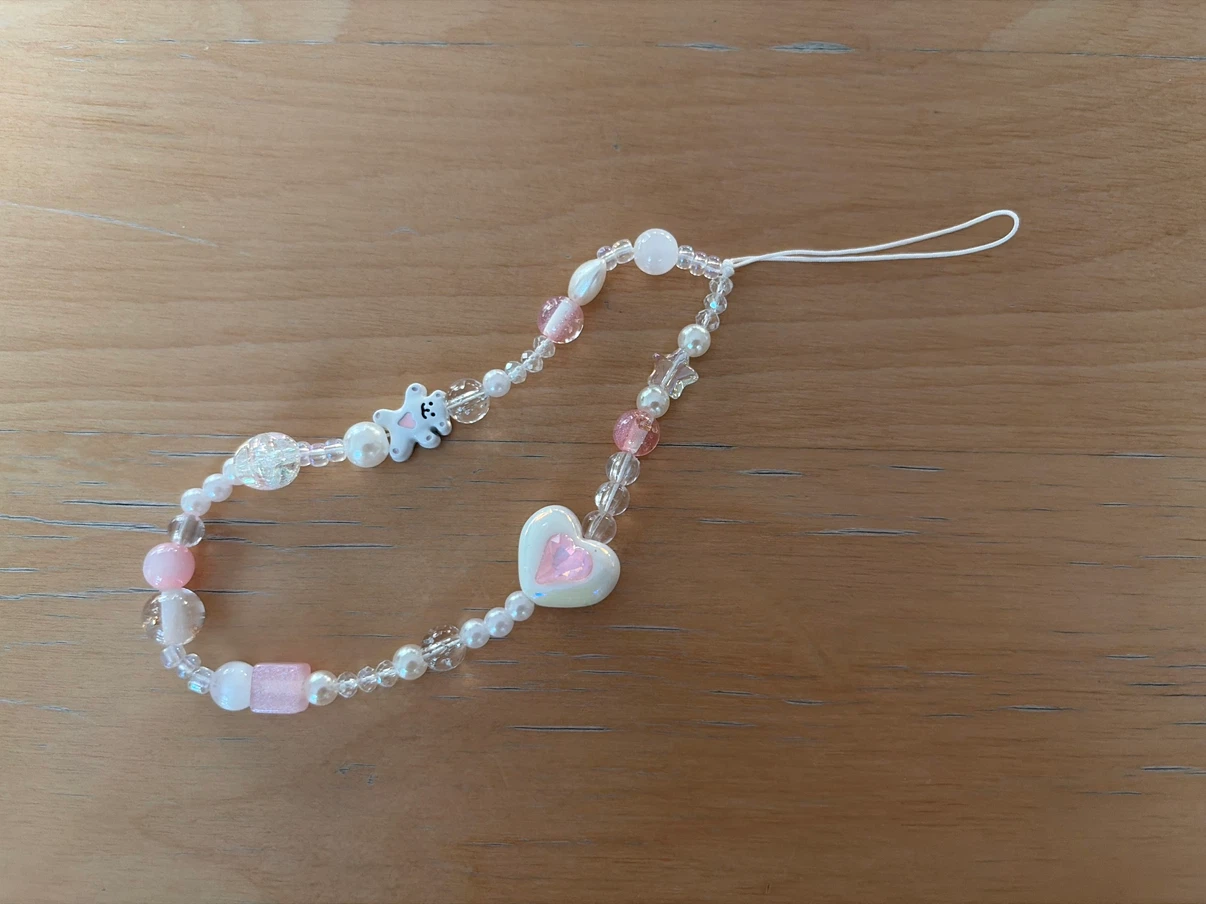 🏈 Pink Heart and Bear Beaded Phone Charm