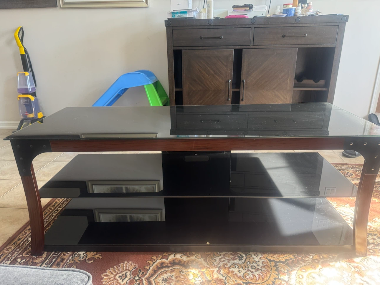 Black Glass and Wood Coffee Table