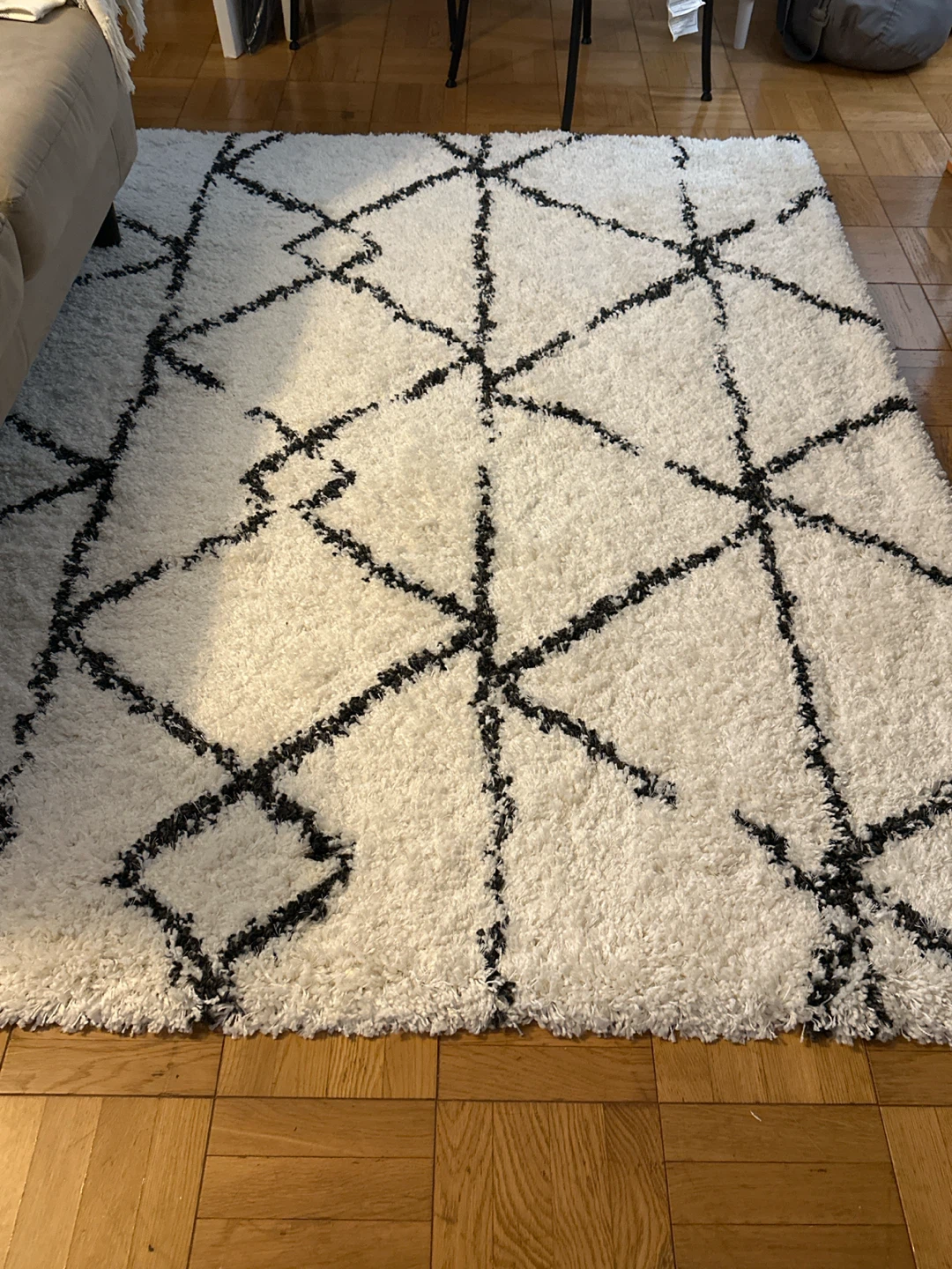 White and Black Shag Geometric Rug