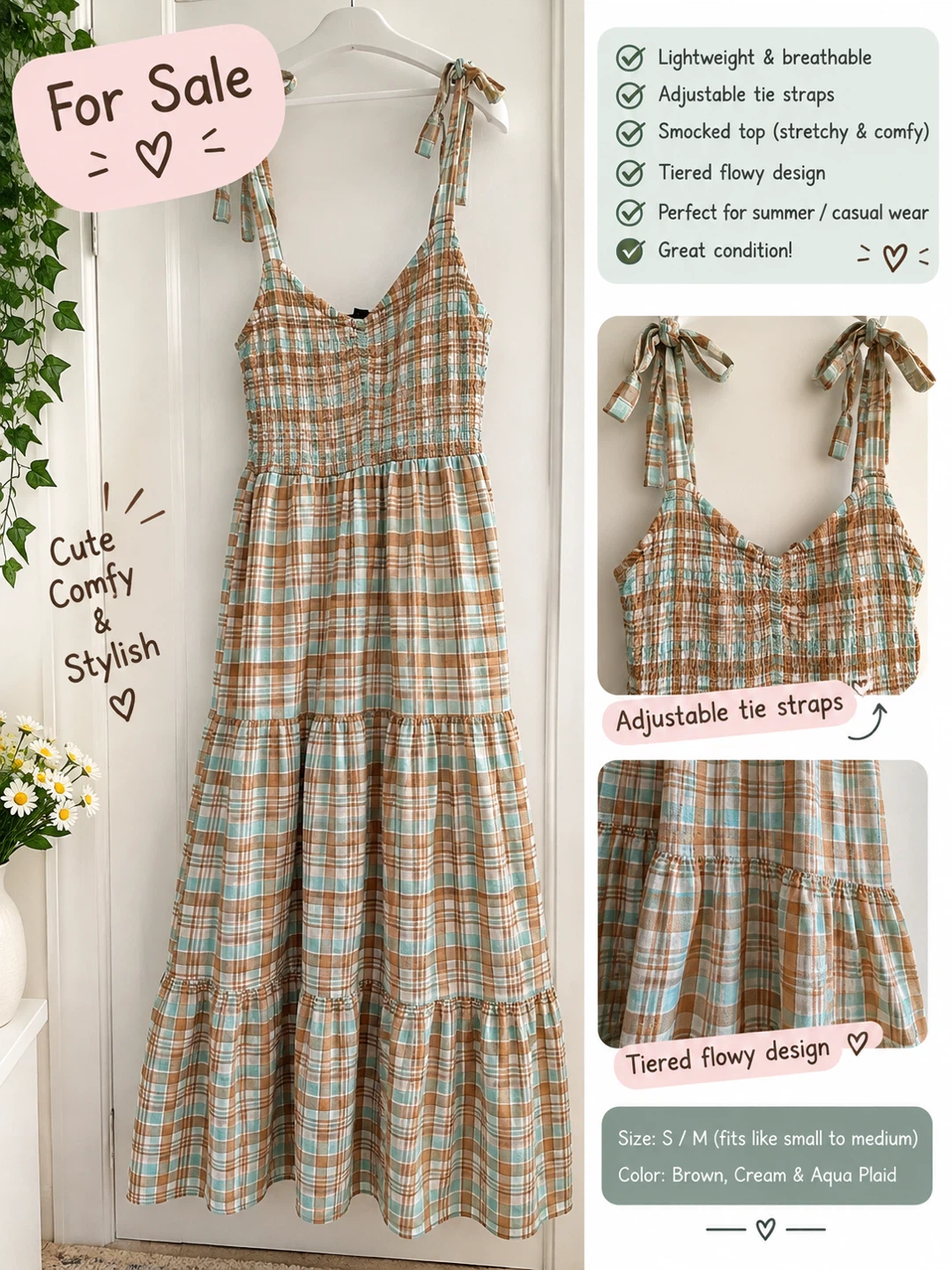 Brown, Cream & Aqua Plaid Midi Dress