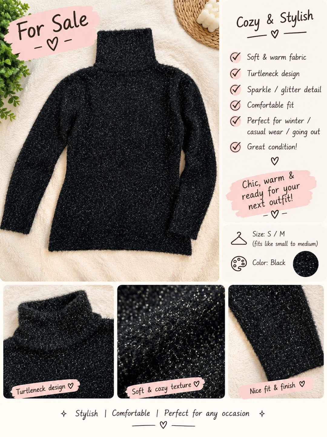 Black Sparkle Turtleneck Sweater S/M