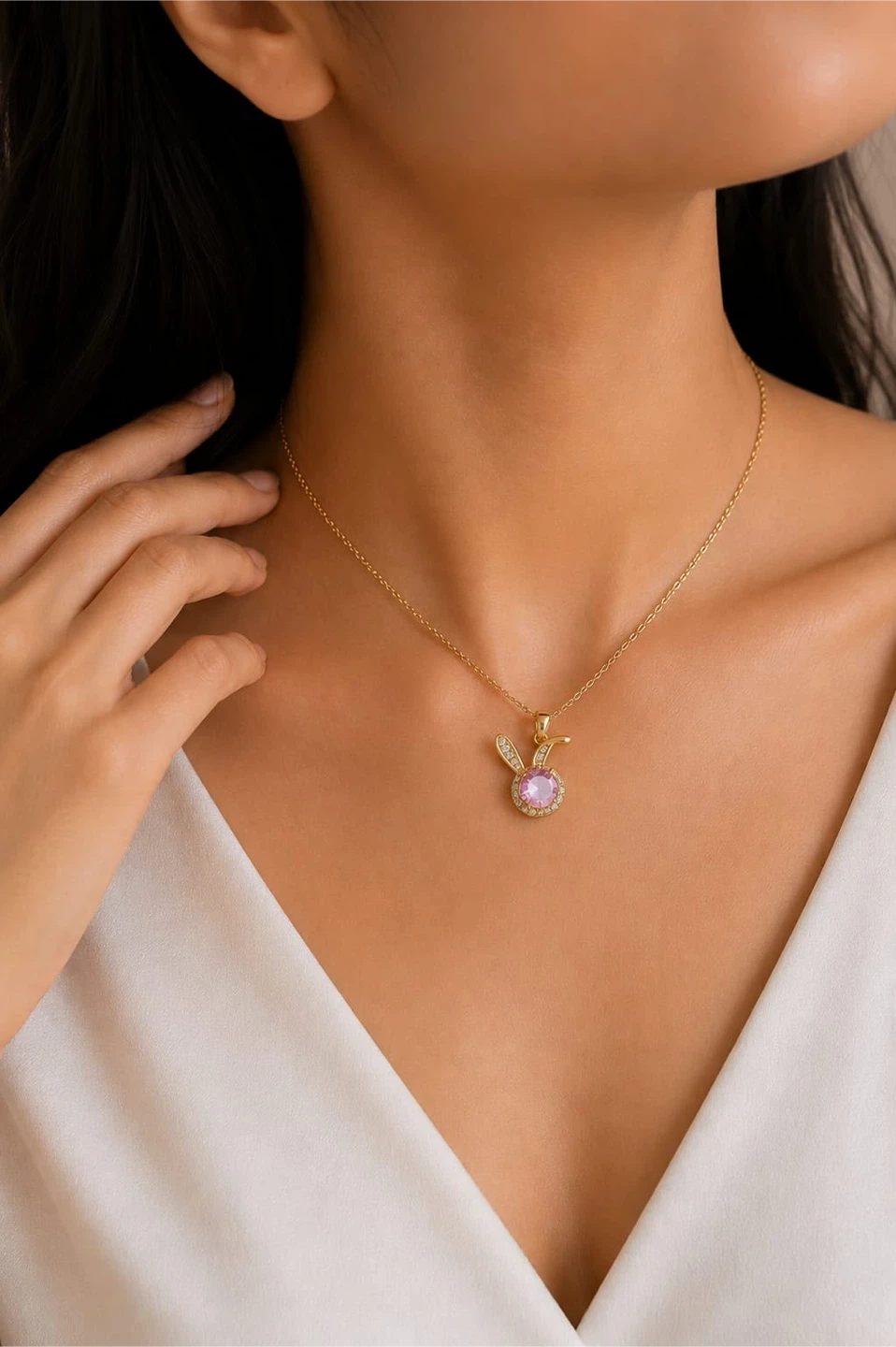 Gold Tone Rabbit Pendant Necklace with Pink Stone