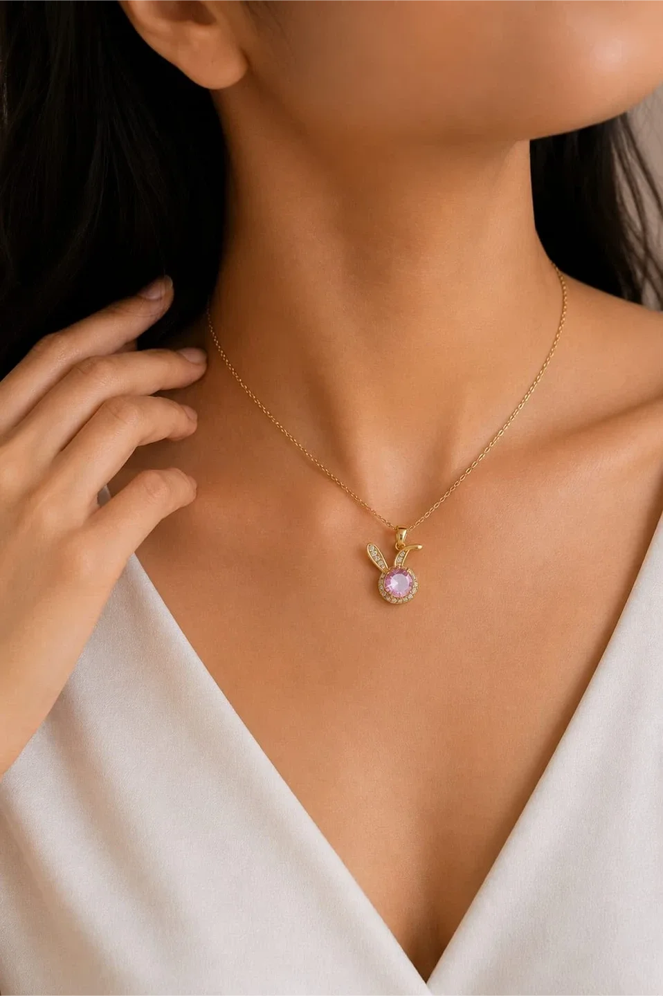 Gold Tone Rabbit Pendant Necklace with Pink Stone