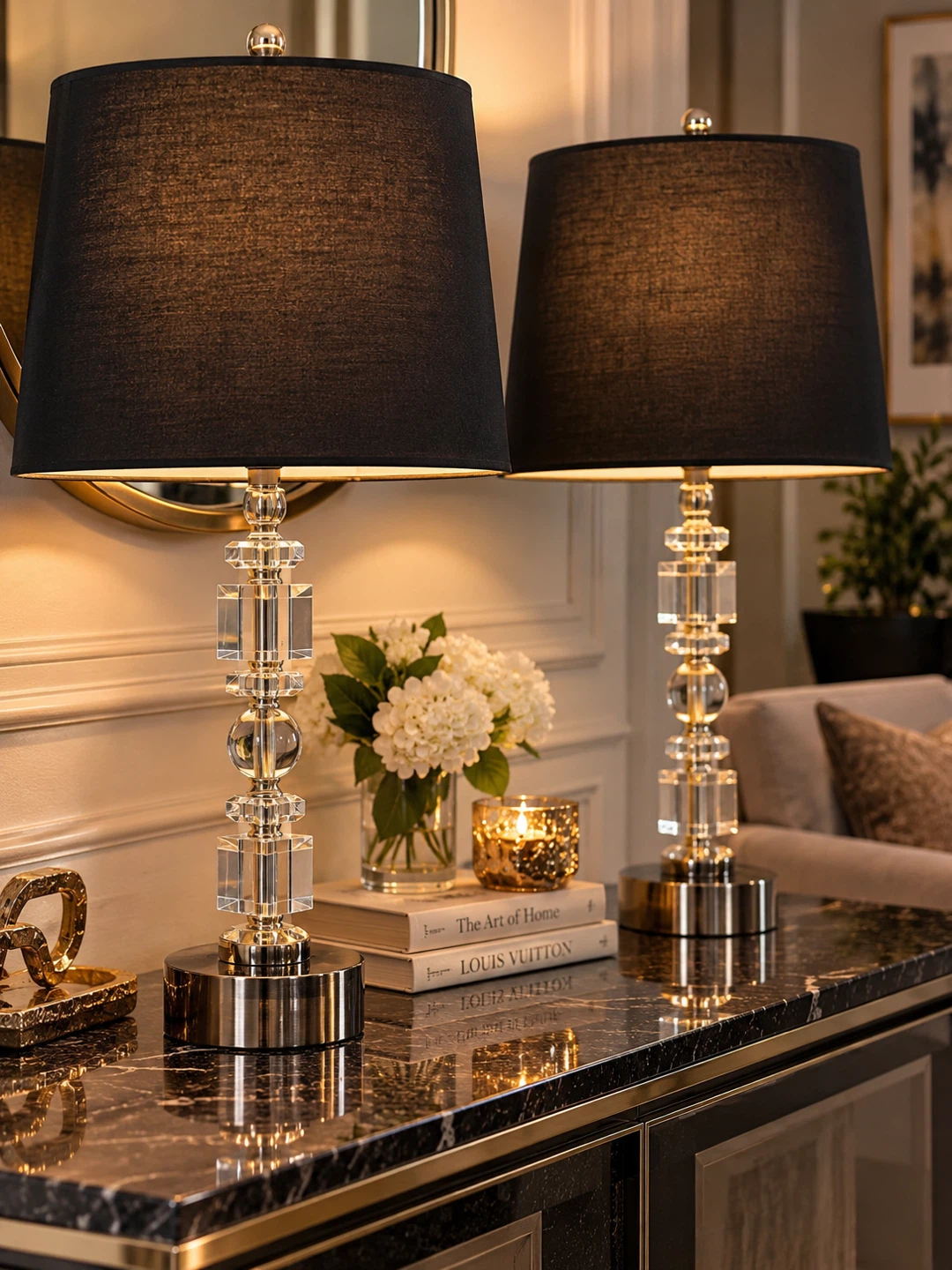 Set of Two Crystal Table Lamps with Black Shades