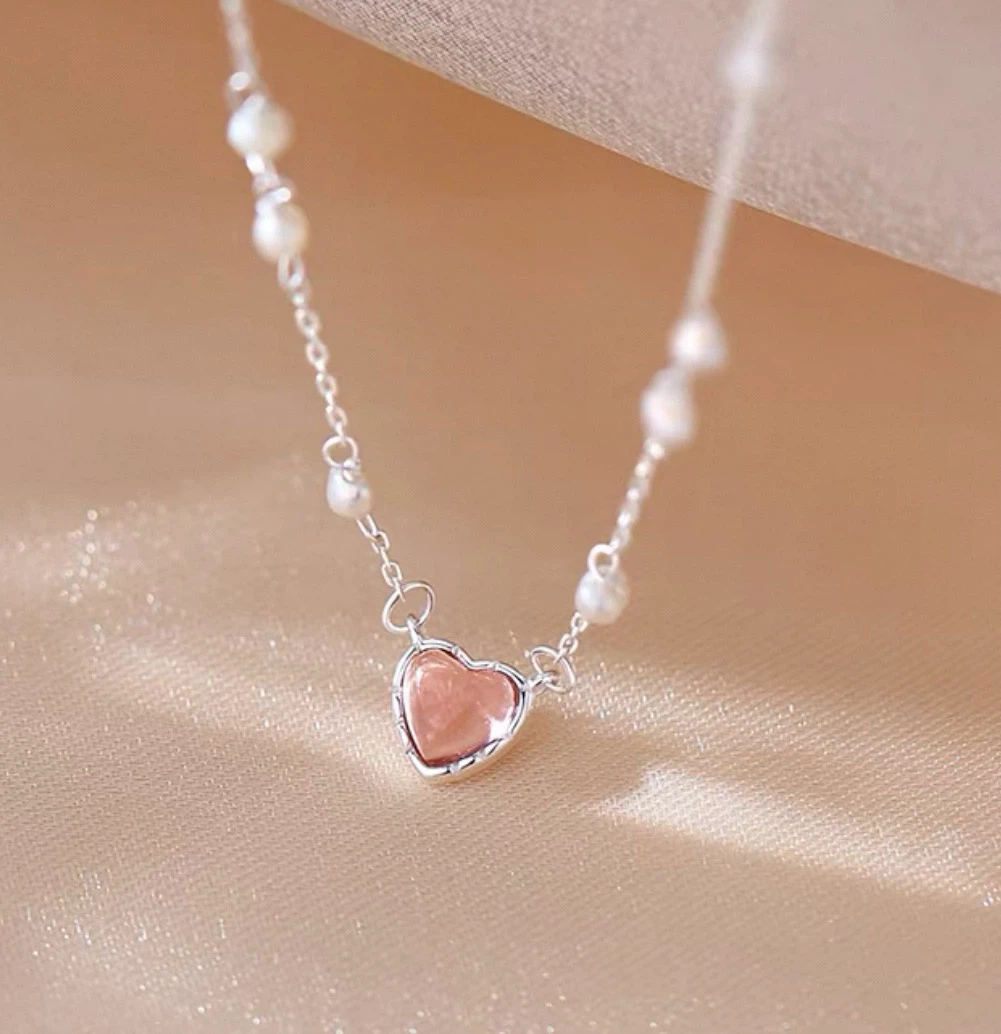 Pink Heart & Freshwater Pearl Silver Necklace