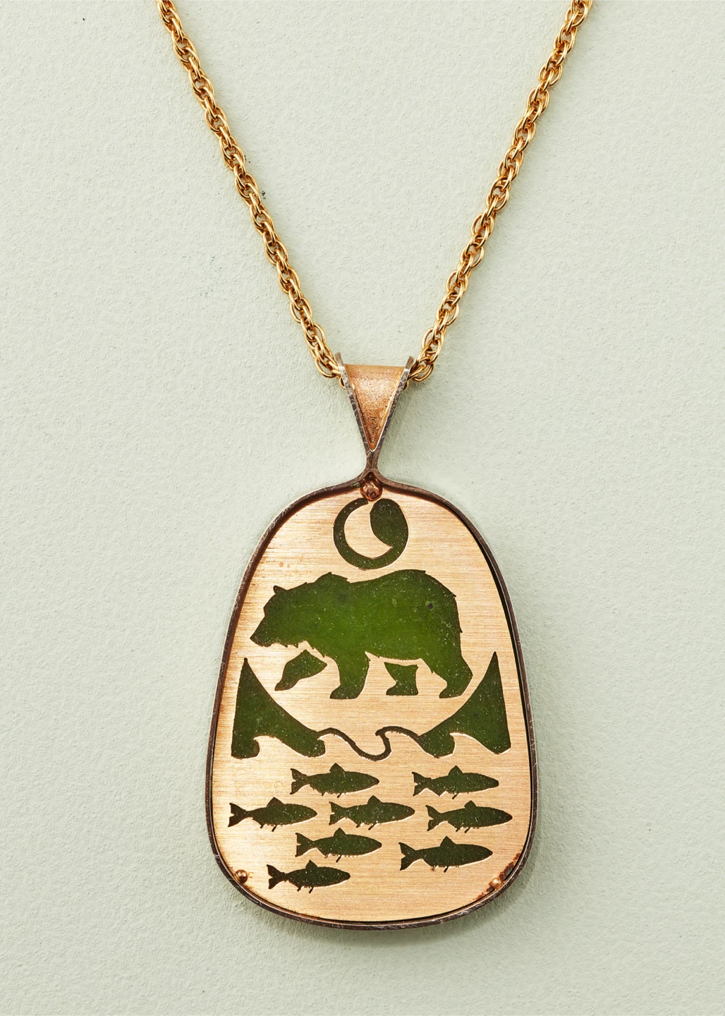 Dennis Kangasniemi 14K Gold & BC Jade Bear Pendant Necklace