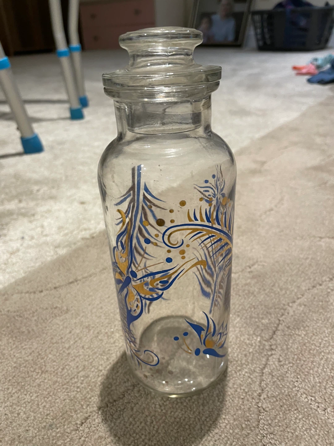 Clear Glass Storage Jar with Blue and Gold Pattern
