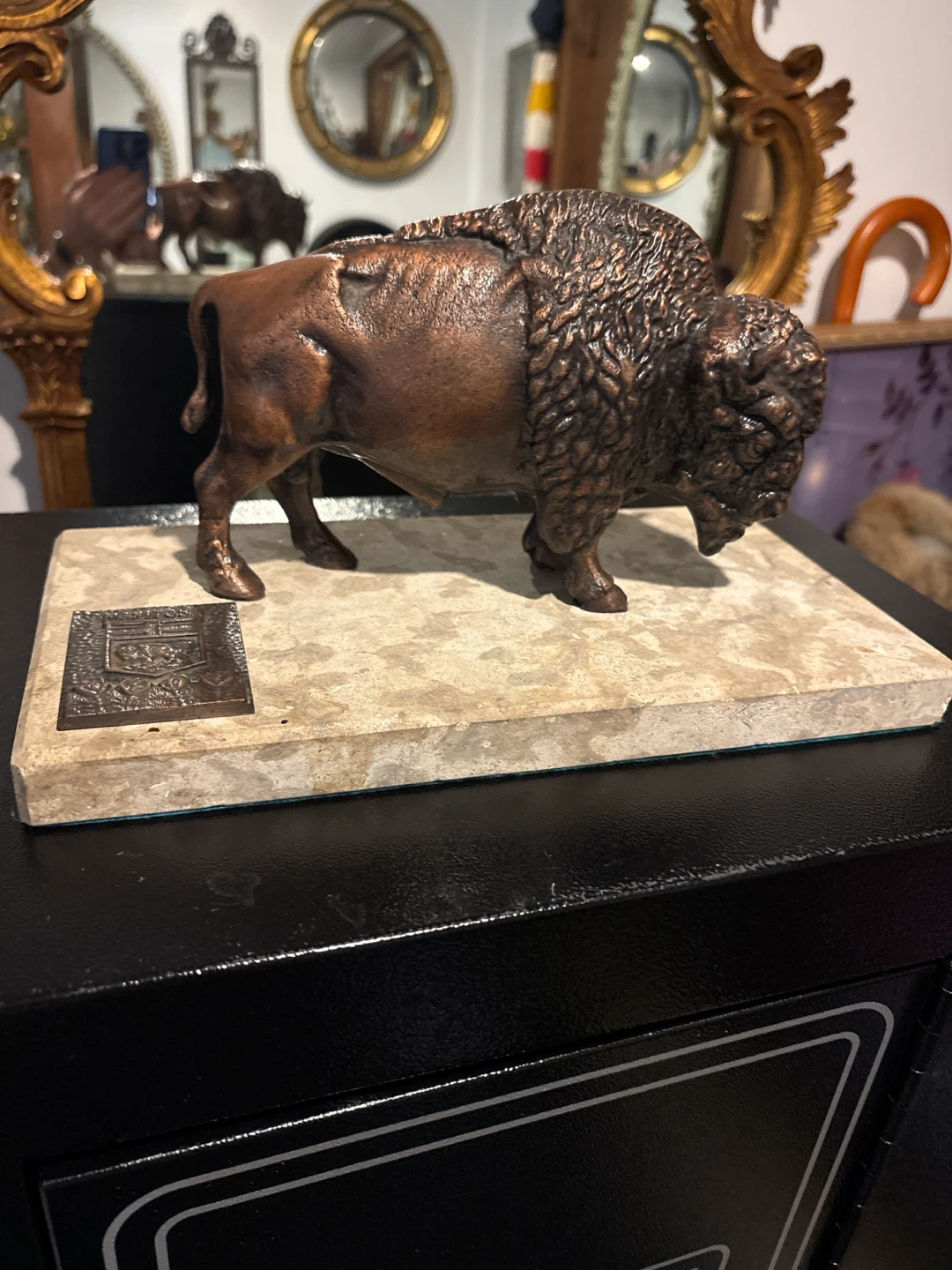 Bronze Buffalo Statue on Marble Base