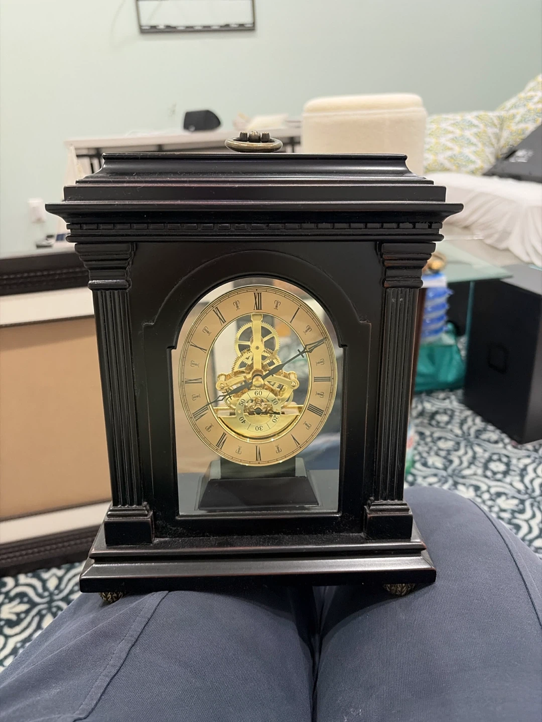Vintage-style black mantel clock with skeleton movement - photo 2