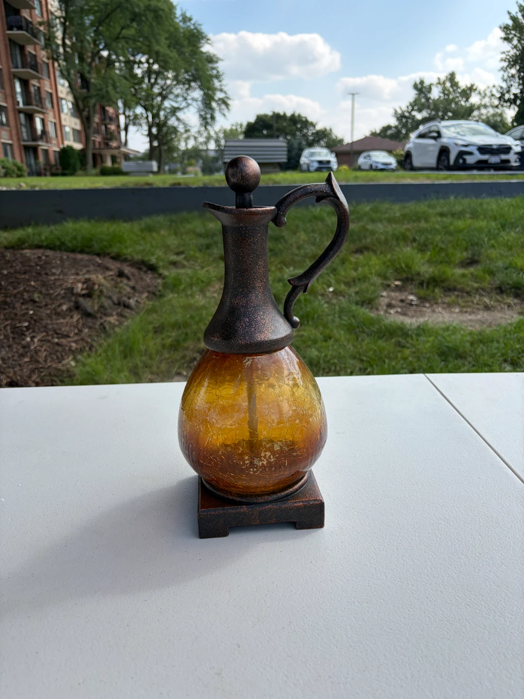 Amber Crackle Glass Oil Cruet with Metal Stand