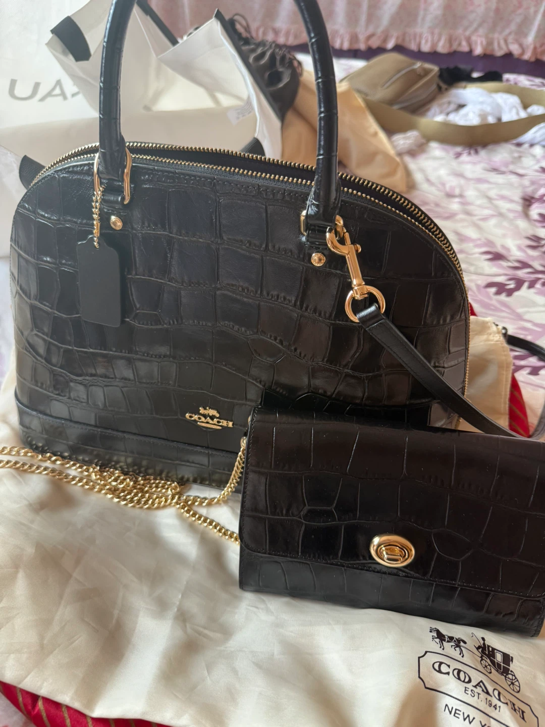 Coach Black Croc Embossed Handbag and Purse Set