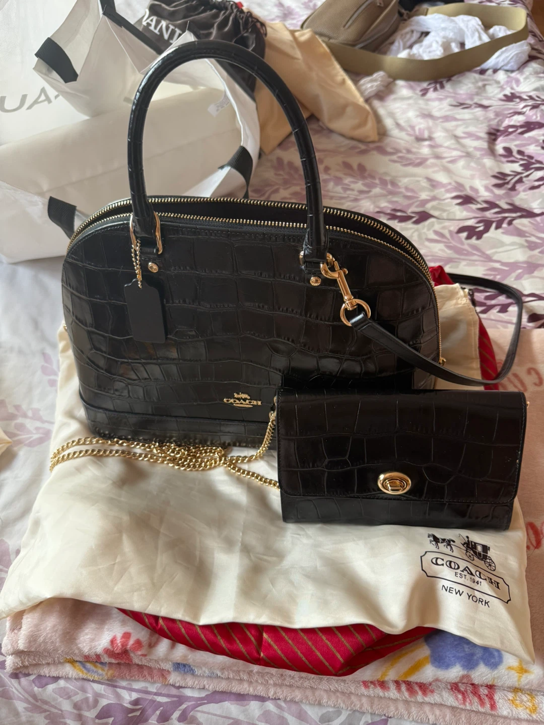 Coach Black Croc Embossed Handbag and Purse Set - photo 3