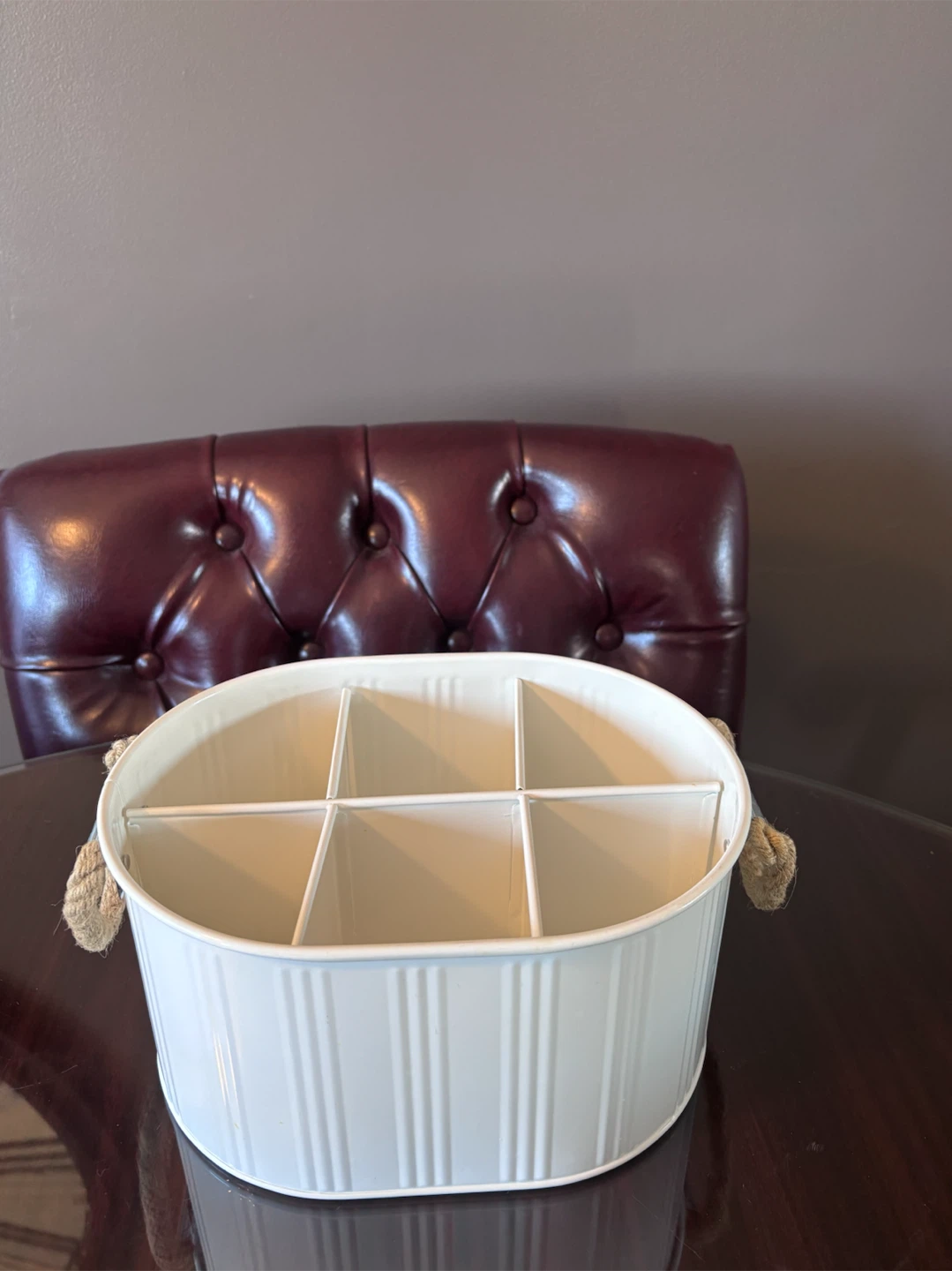 White Metal Storage Caddy with Rope Handles