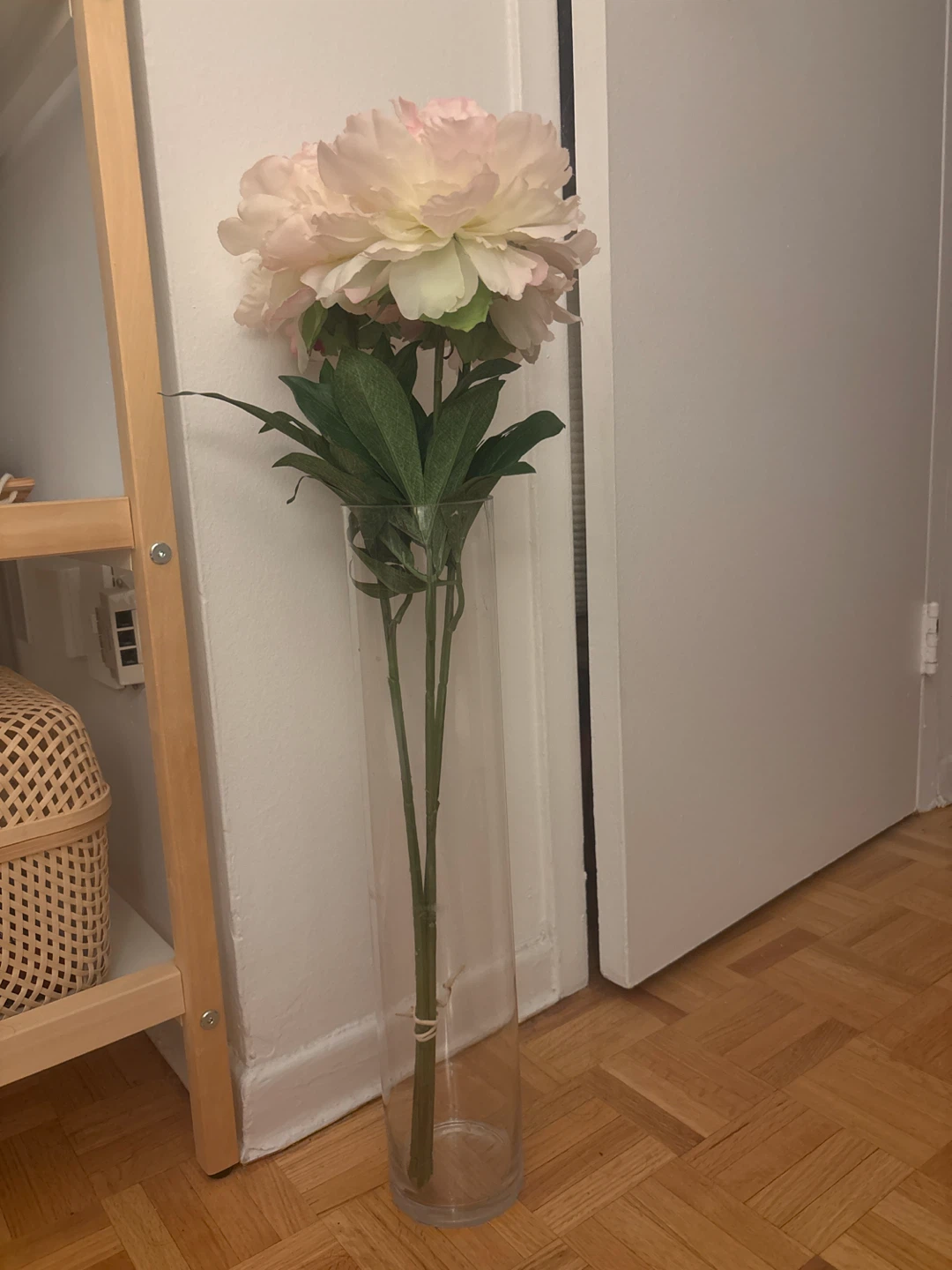🏈 Artificial Peonies in Tall Glass Vase