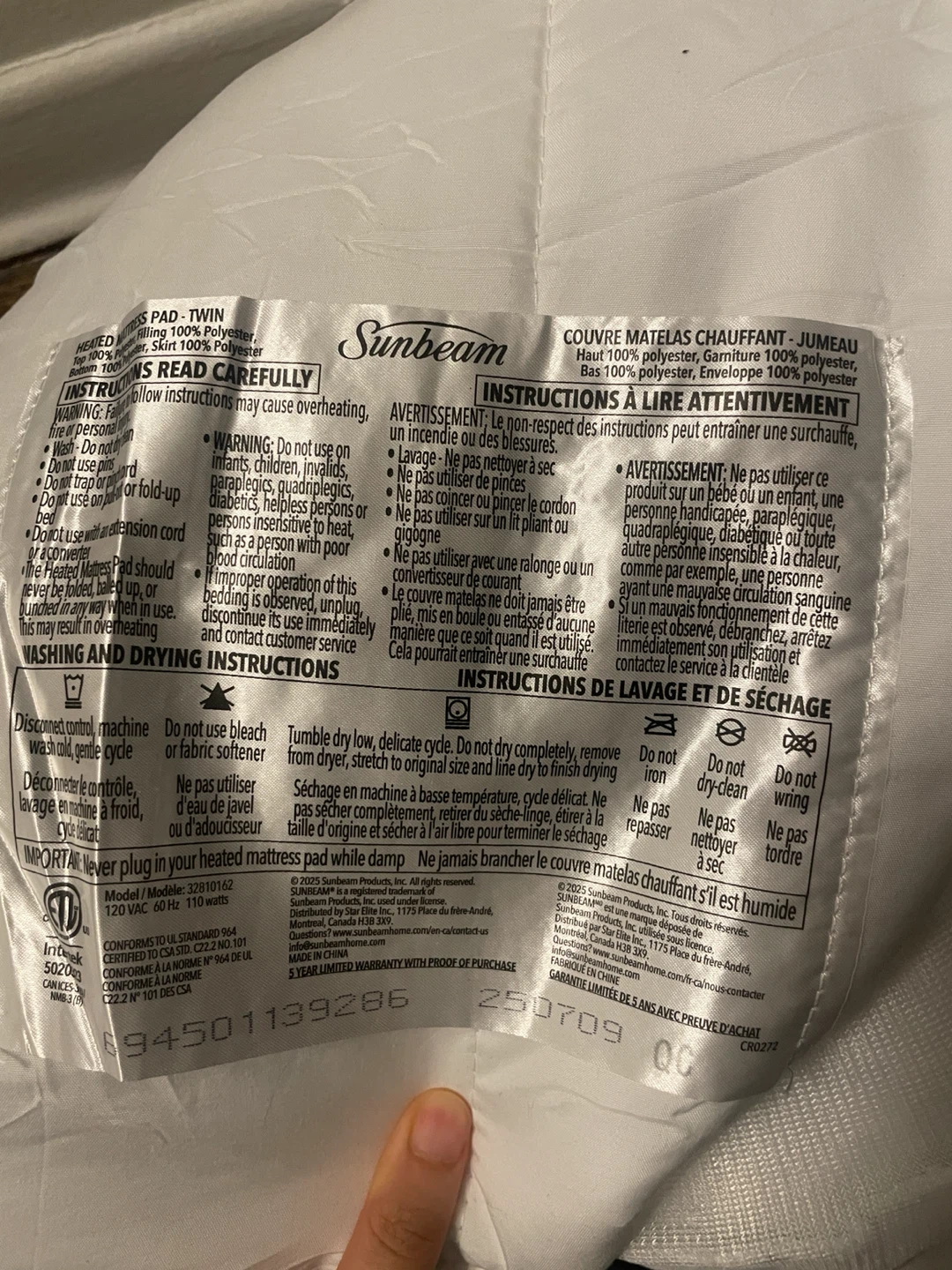 Sunbeam Heated Mattress Pad Twin