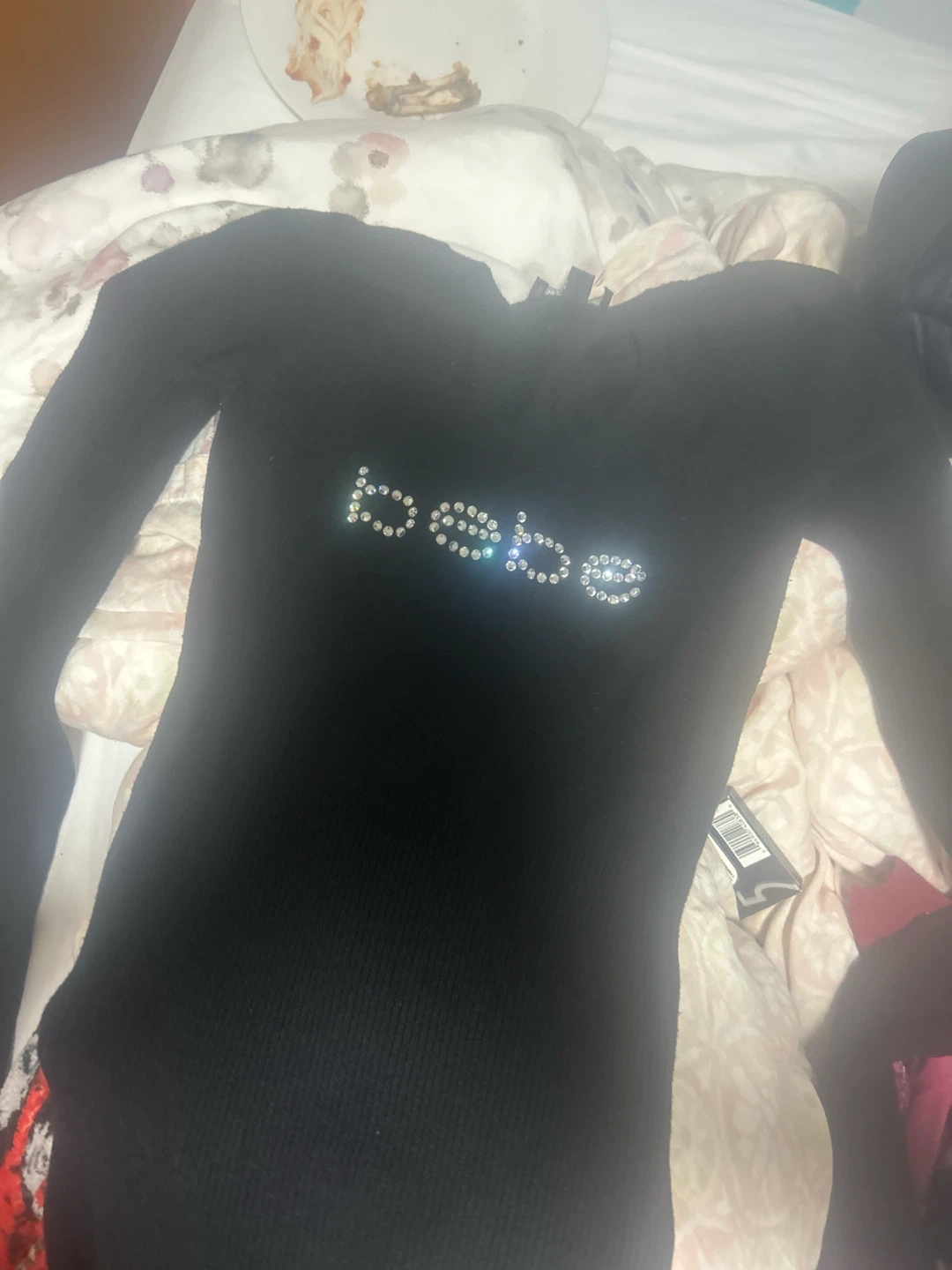 Bebe black long sleeve top with rhinestones
