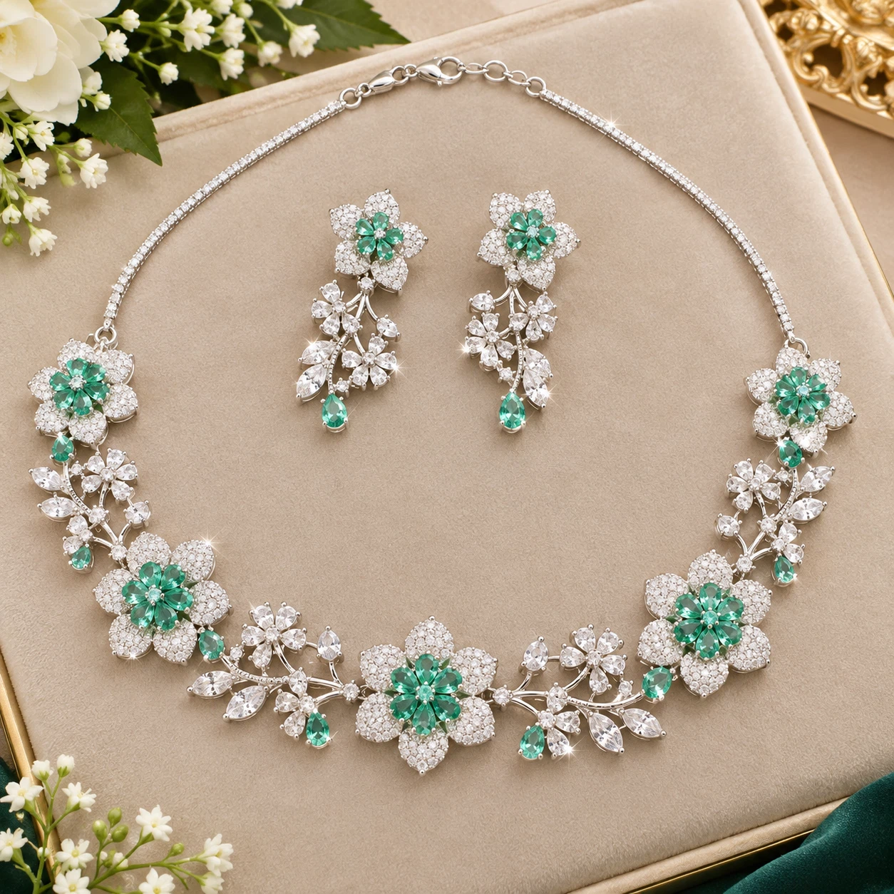 Floral Crystal Necklace and Earring Set