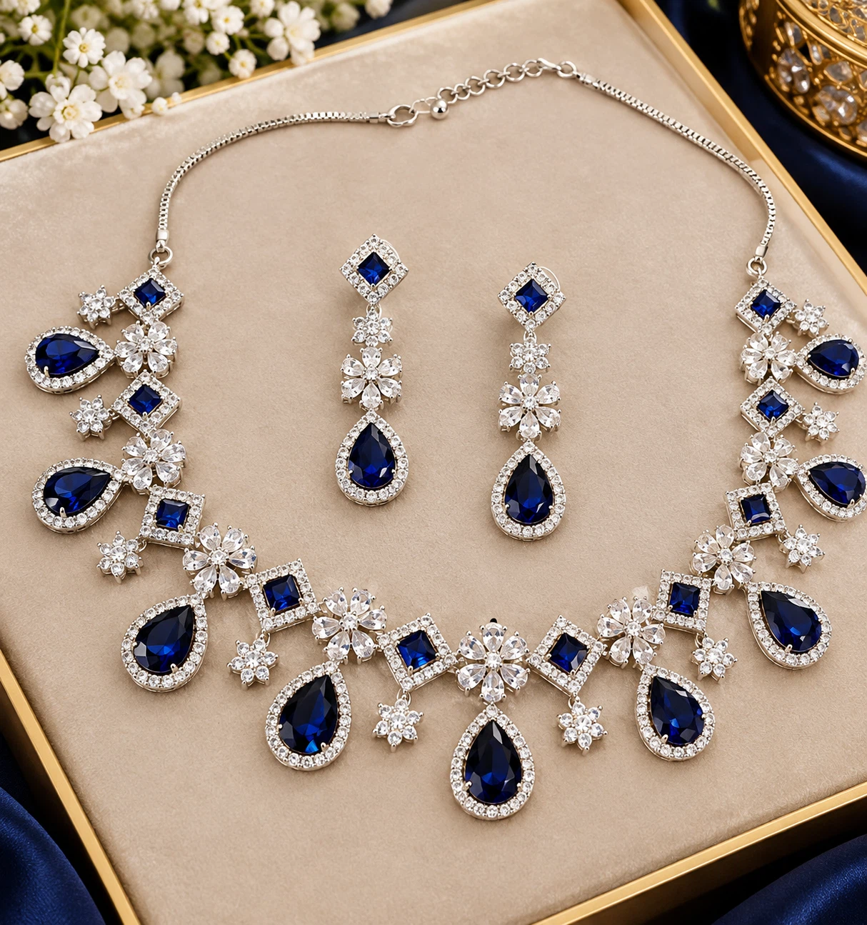 Blue Teardrop Crystal Necklace and Earring Set