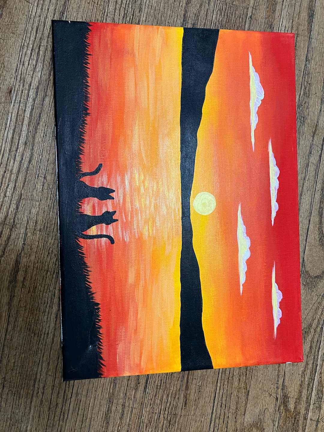 🏈 Hand-painted Sunset and Cat Silhouette Canvas
