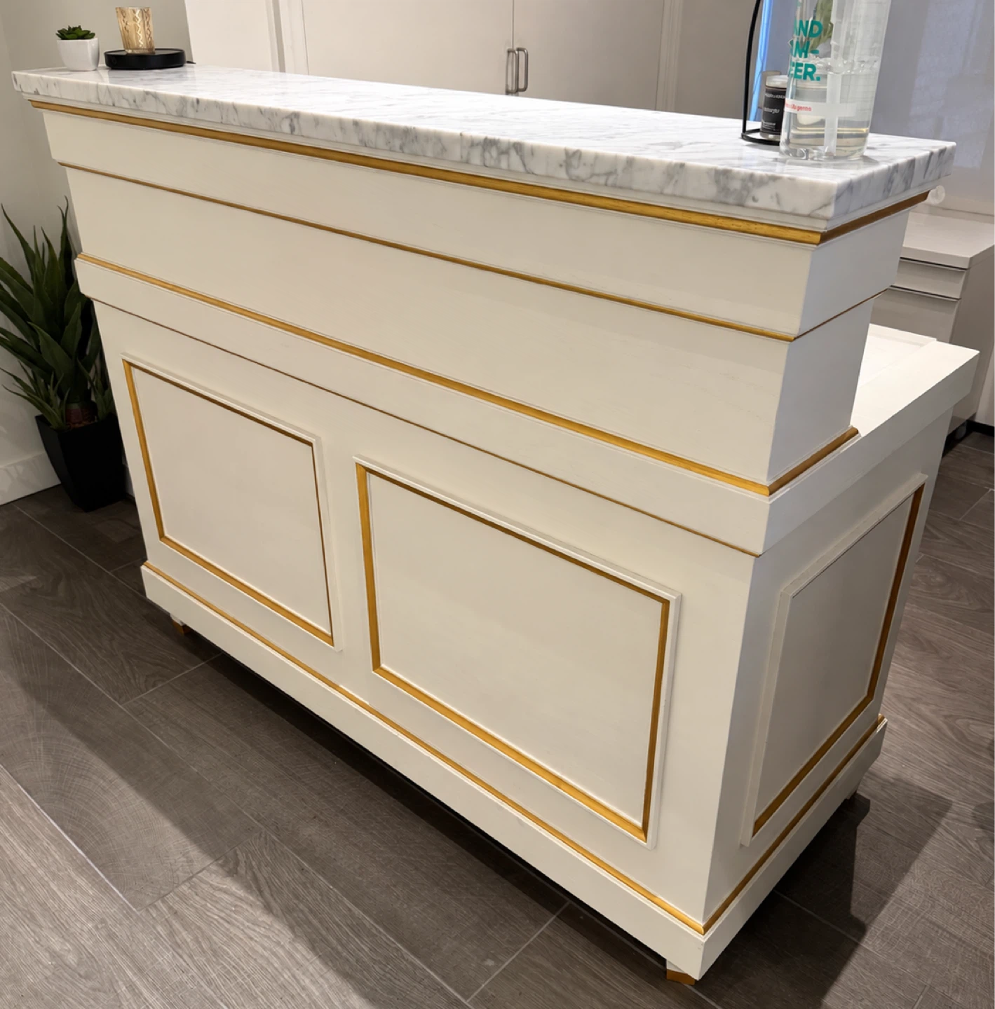 Custom Reception Desk – Marble Top, Gold Trim – $1,300 OBO