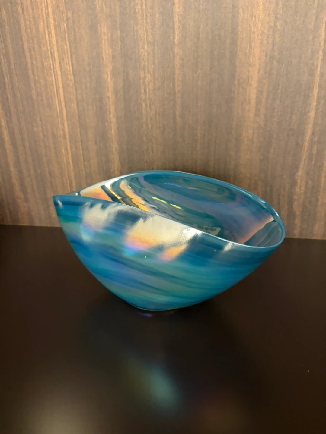 Iridescent Blue Glass Decorative Bowl
