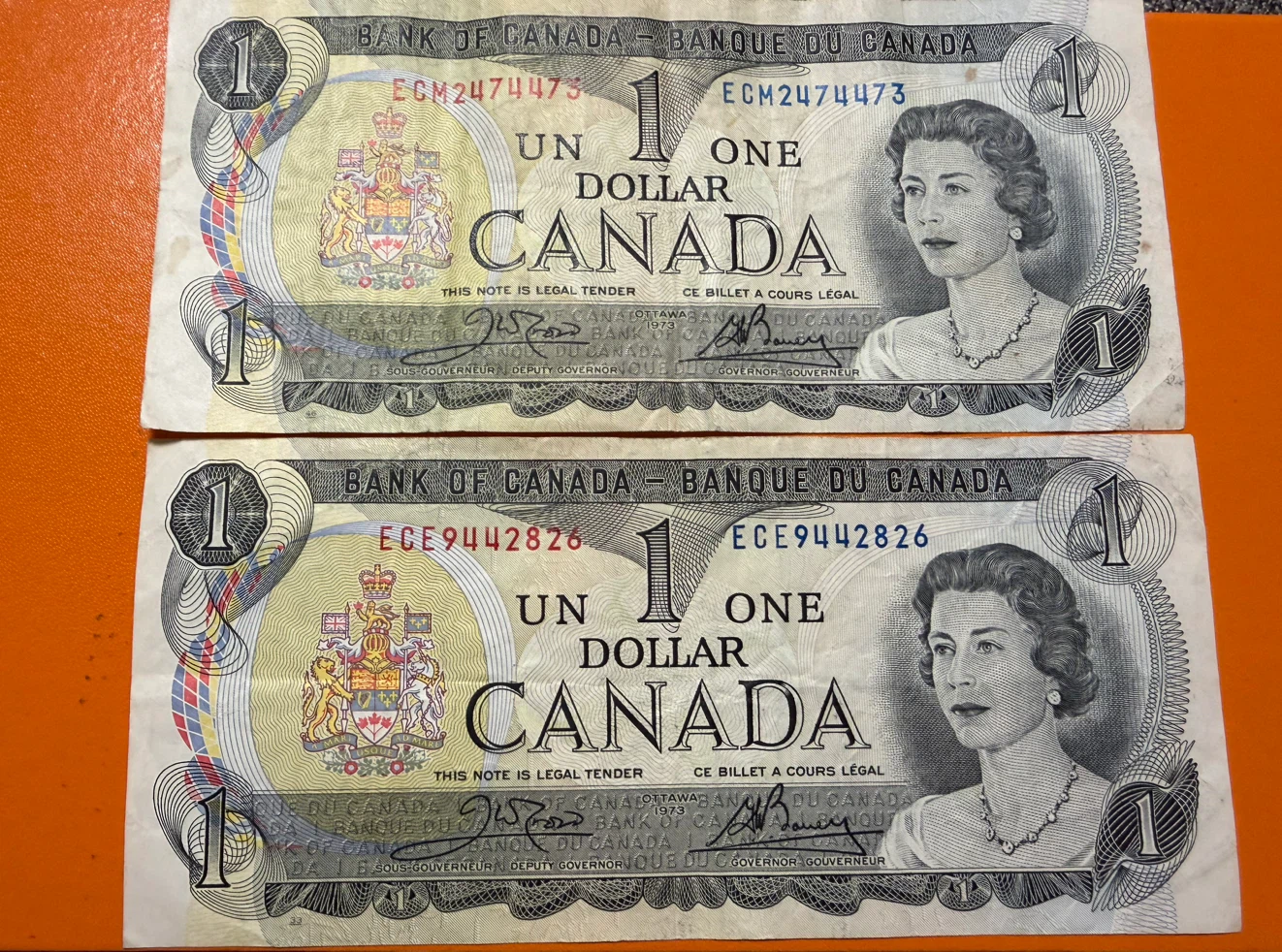Two 1973 Canadian One Dollar Banknotes