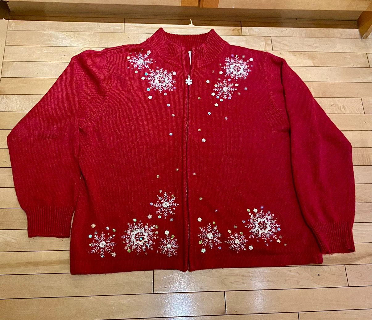 Red Holiday Zippered Cardigan with Snowflake Detail 🏈