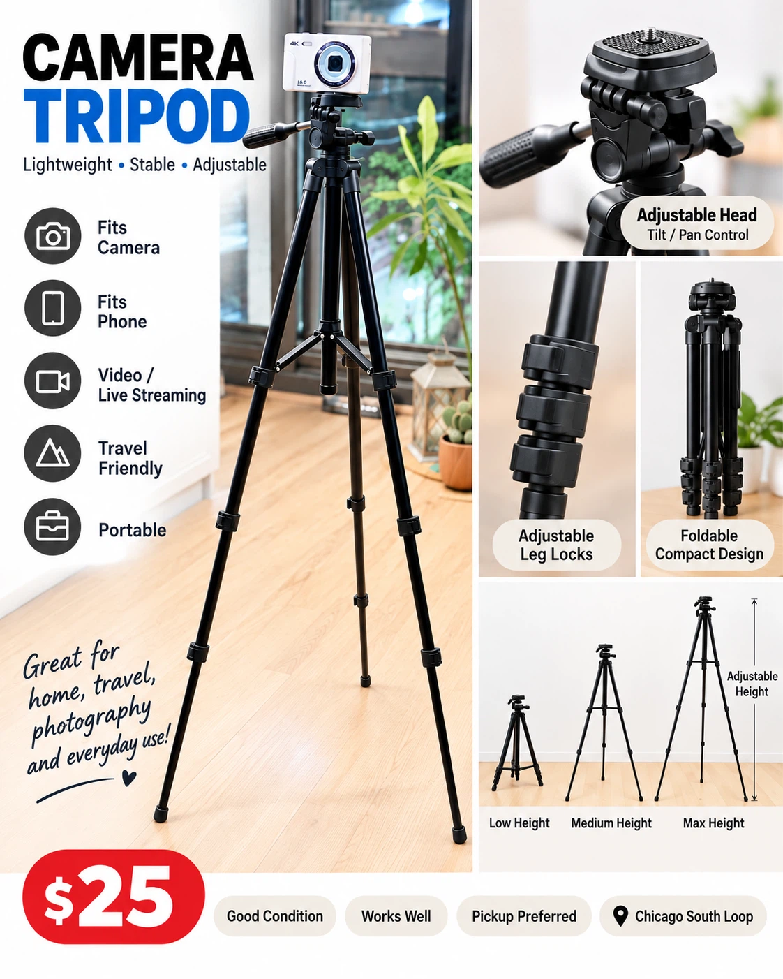 Adjustable Lightweight Camera Tripod