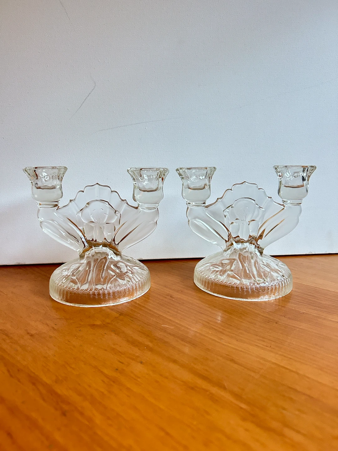 Set of two depression glass candle holders