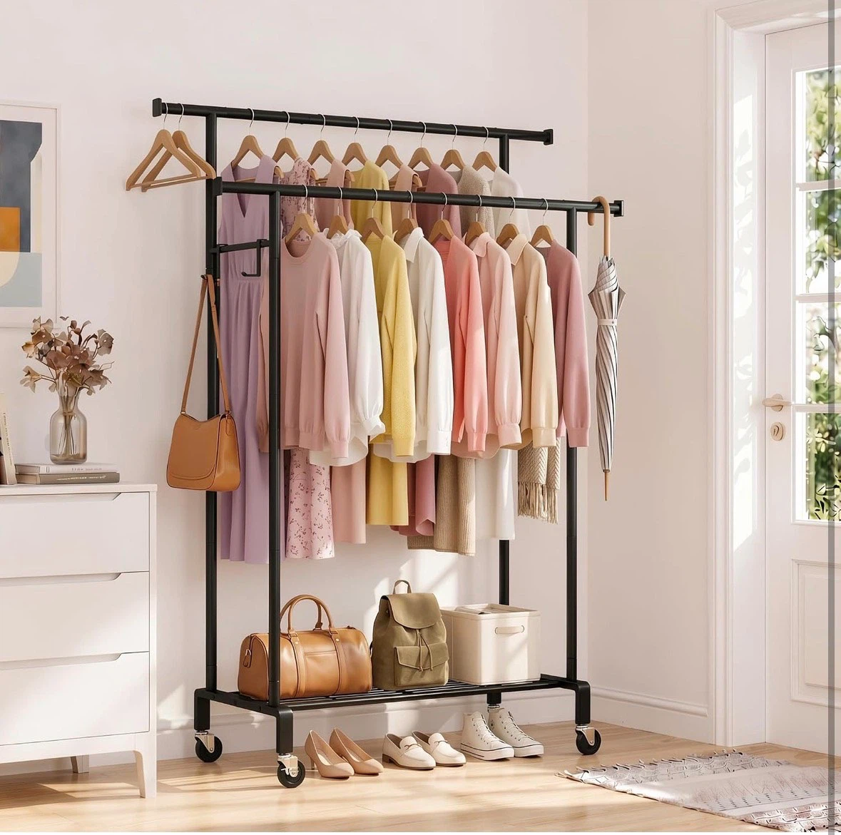 Double Rod Metal Garment Rack on Wheels - photo 4