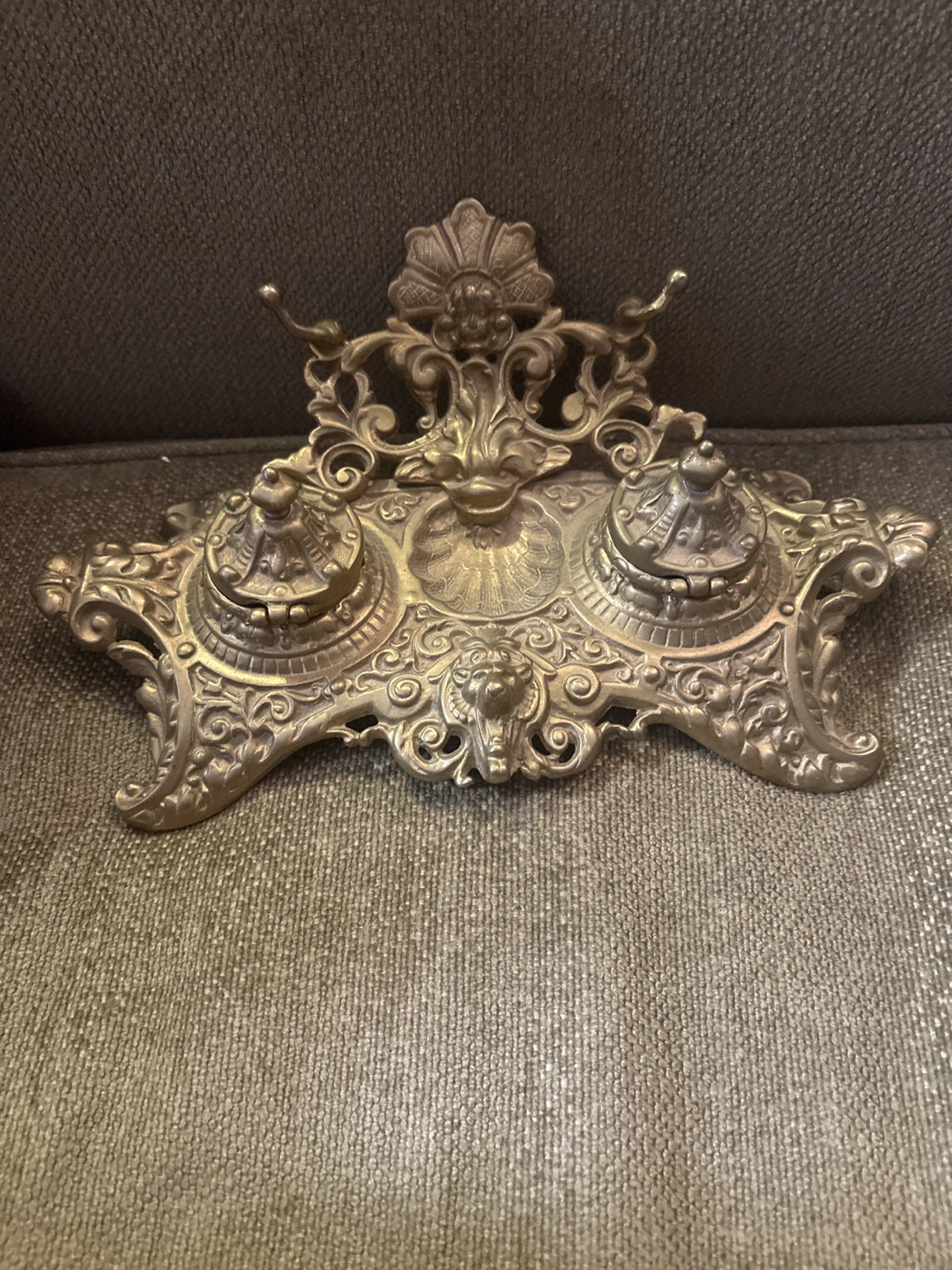 🏈 Vintage Ornate Brass Double Inkwell