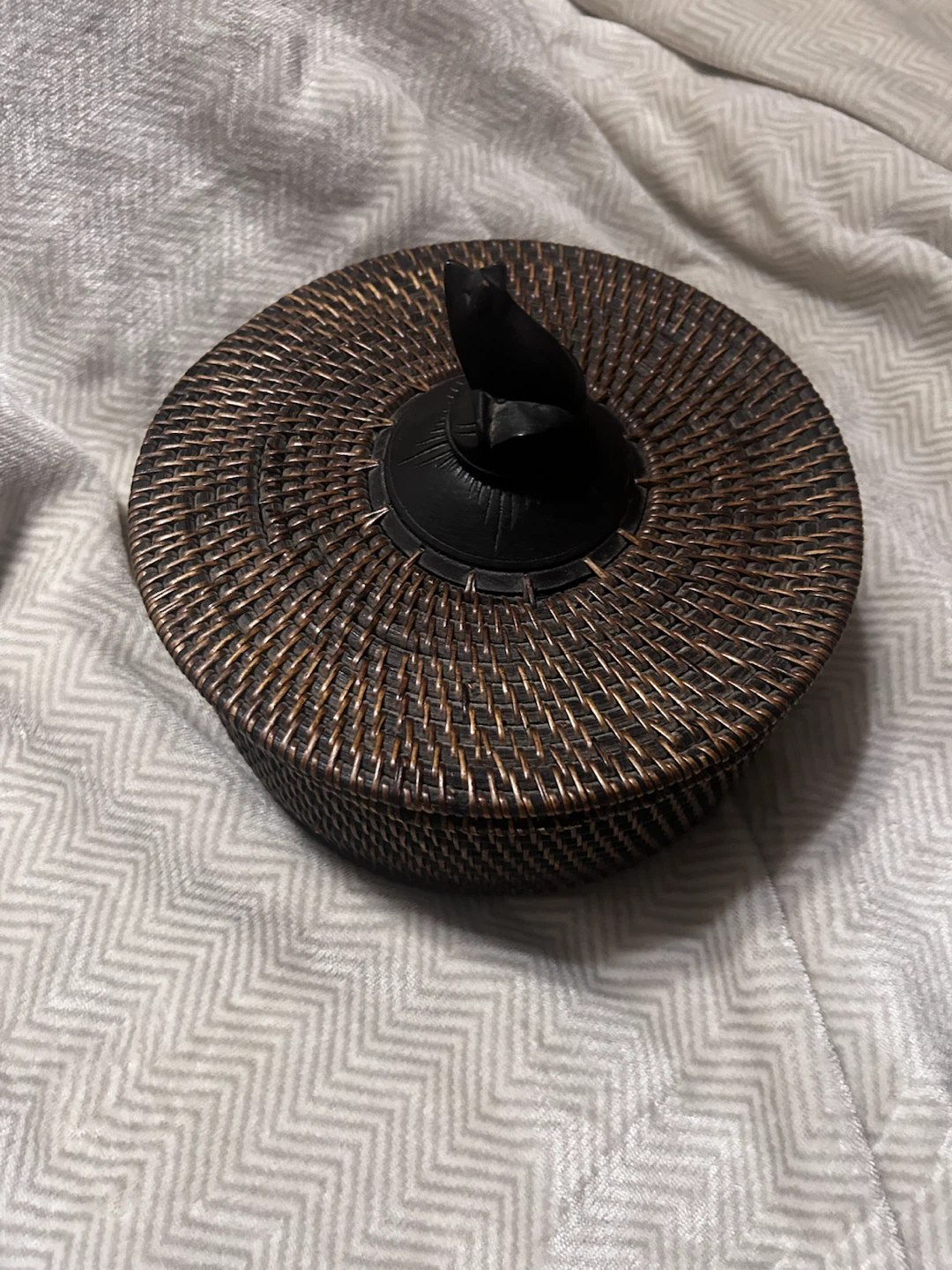 Woven Rattan Decorative Round Box with Cat Finial