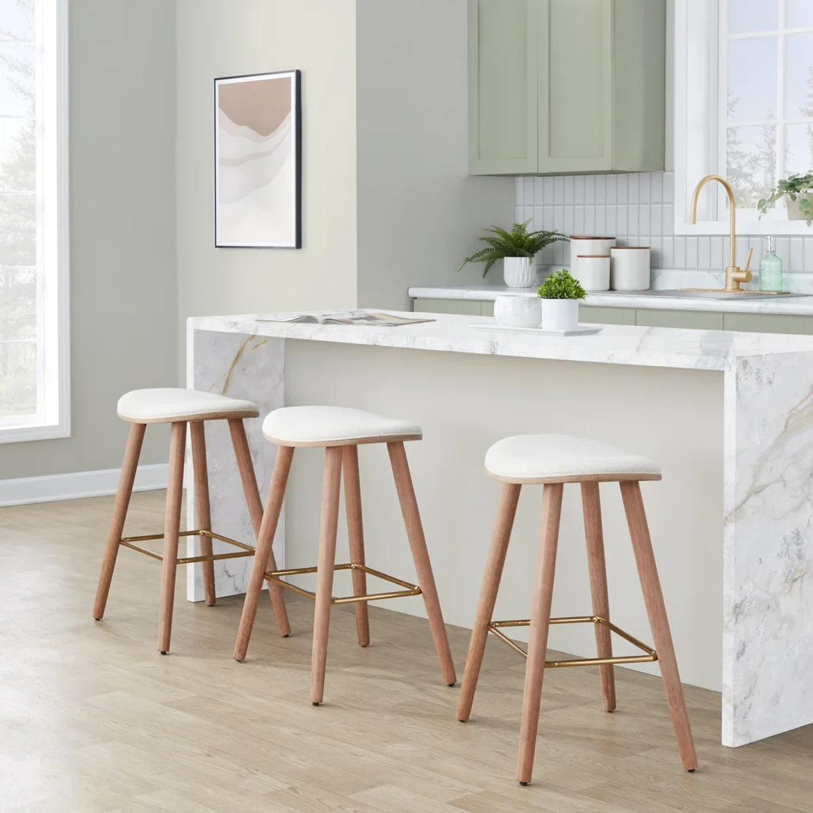 Set of 2 new counter Stools with White Leather Seats