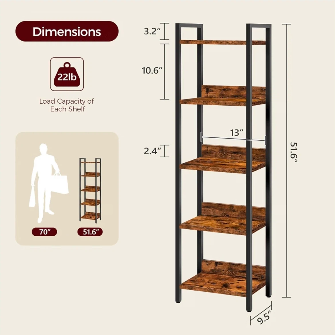 Rustic 5-Tier Industrial Metal and Wood Shelf - photo 3