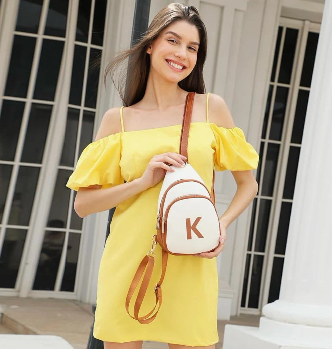 White and Brown Letter K Sling Bag
