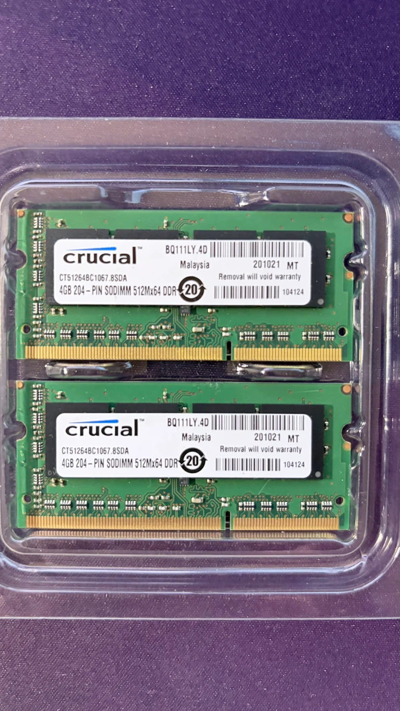 2 Crucial 4GB DDR3 SODIMM Laptop RAM Modules