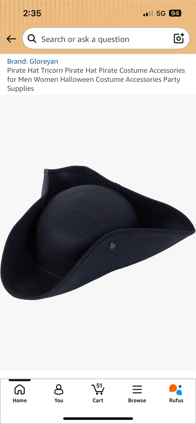 Black Tricorn Pirate Hat