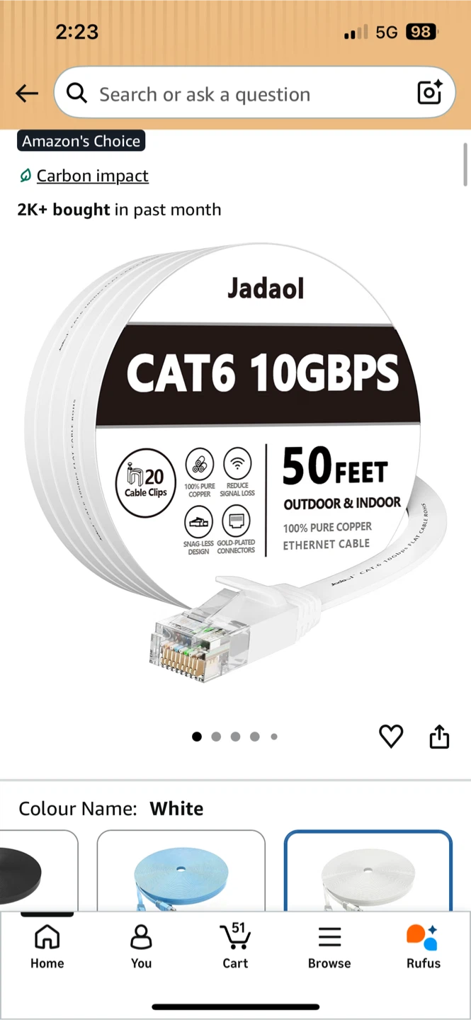Cat6 Flat Ethernet Cable 50ft White