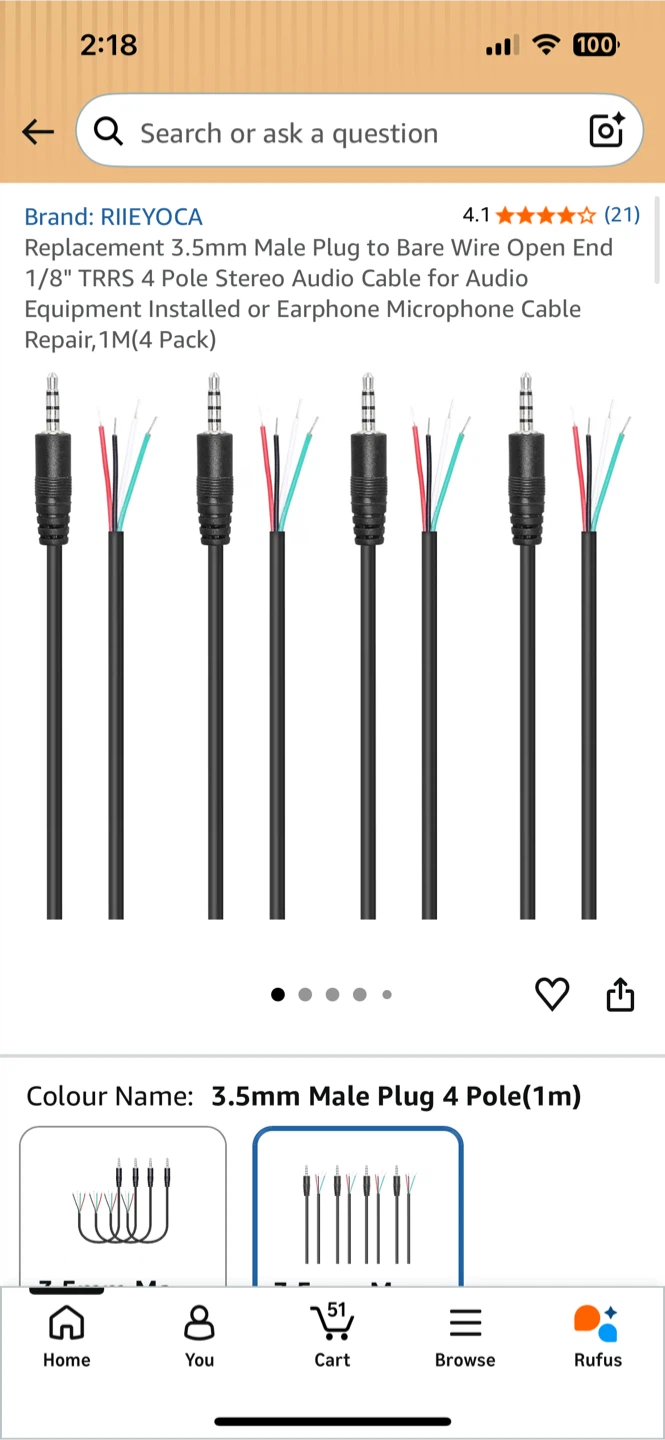 3.5mm Male to Bare Wire Audio Cable 4-Pack
