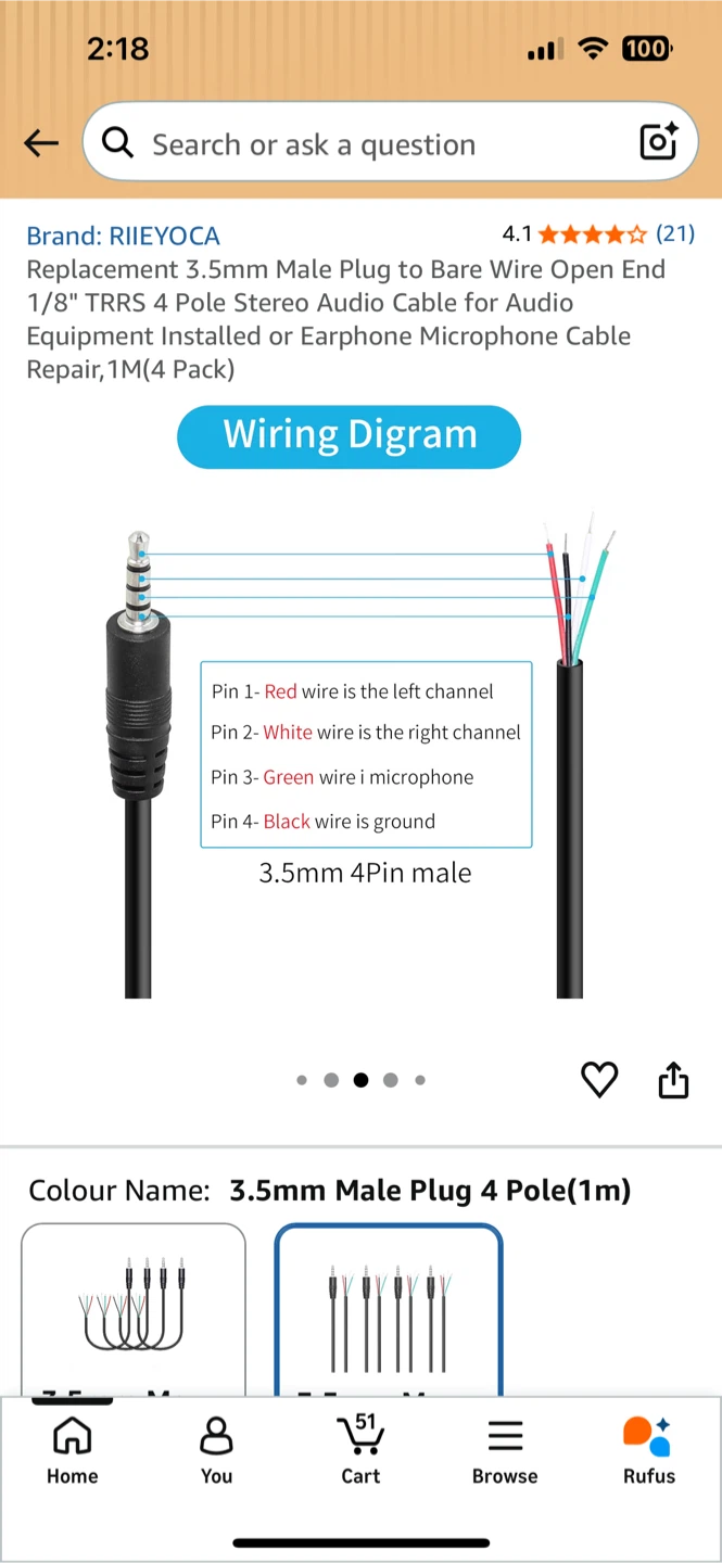 3.5mm Male to Bare Wire Audio Cable 4-Pack - photo 2