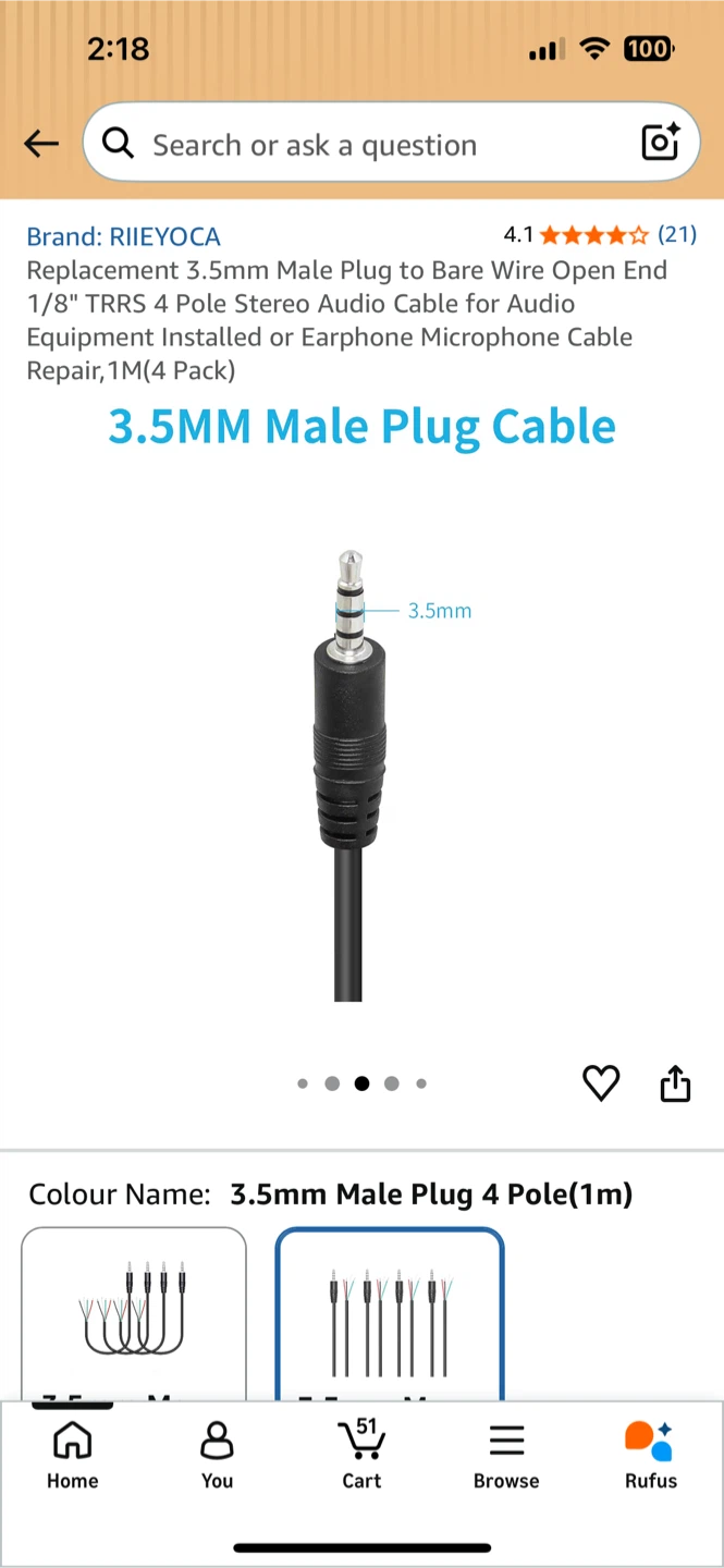 3.5mm Male to Bare Wire Audio Cable 4-Pack - photo 3