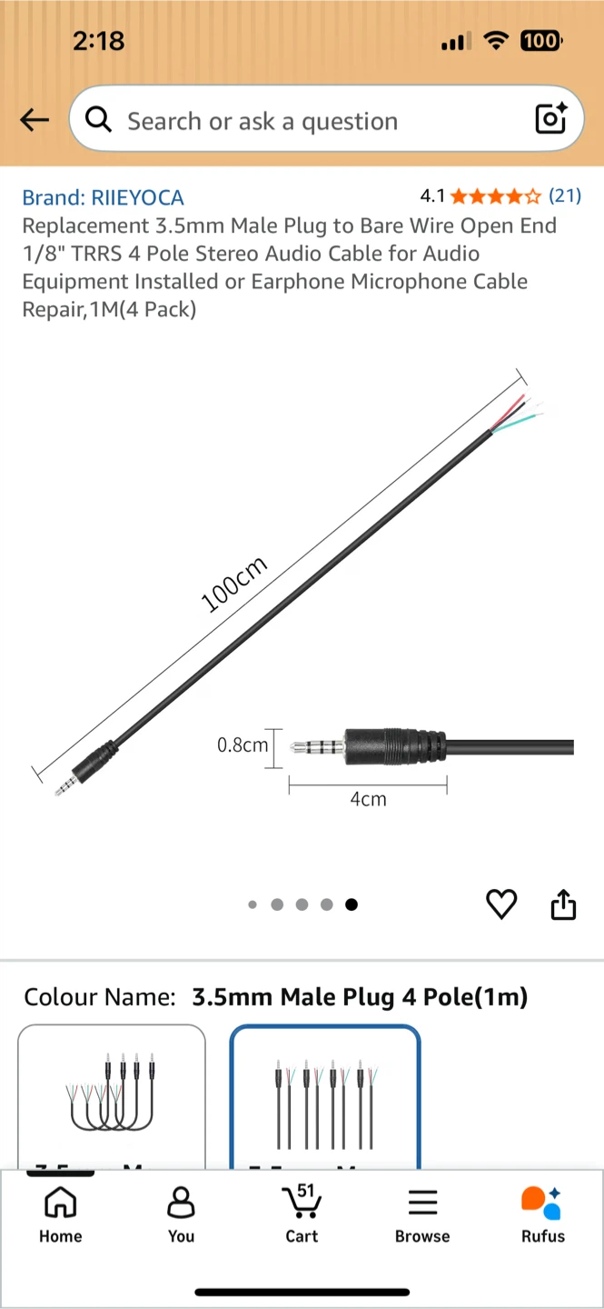 3.5mm Male to Bare Wire Audio Cable 4-Pack - photo 4