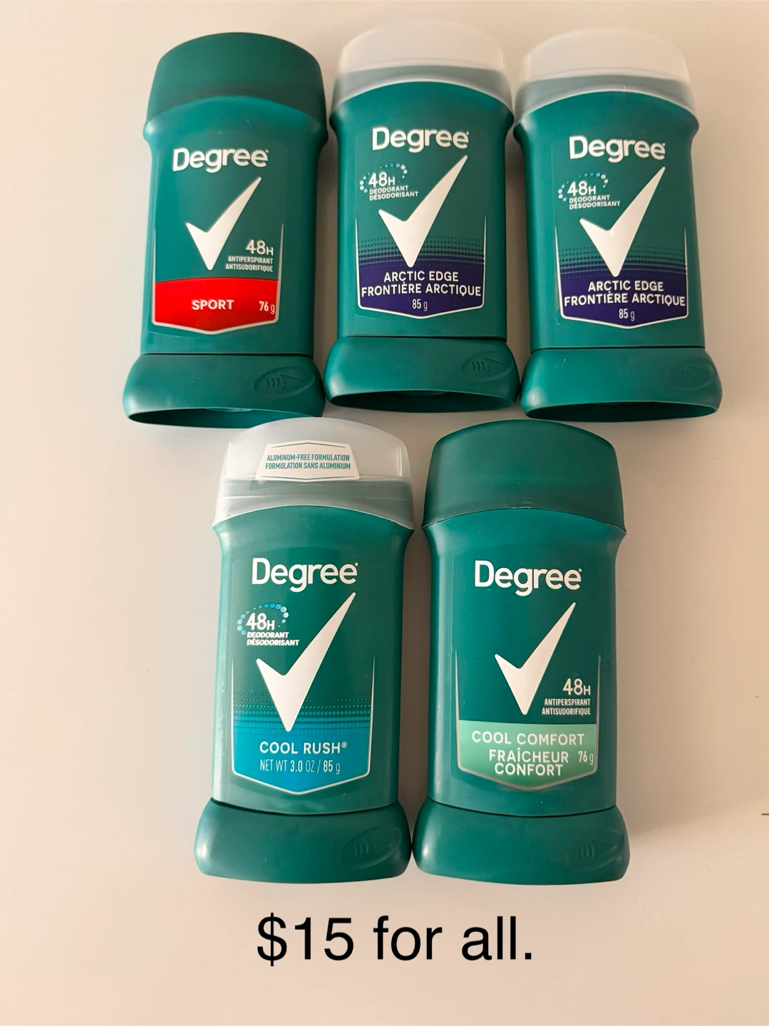 Degree deodorant new $15 for all. 🏈