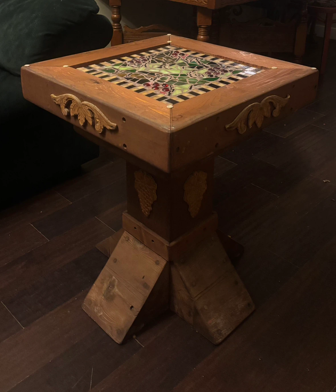 Handcrafted Solid Cedar Pedestal Table Mosaic & Glass Top