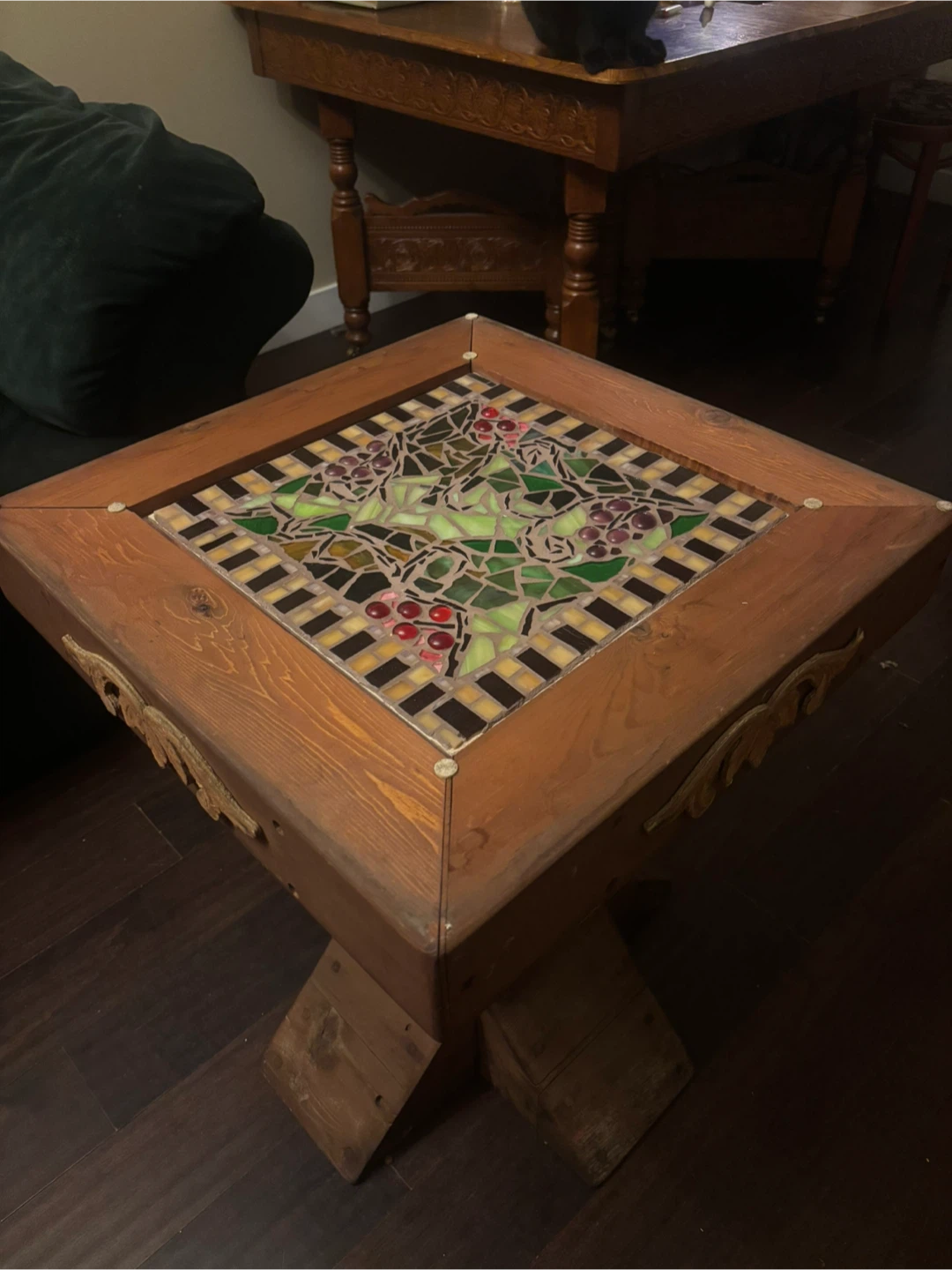 Handcrafted Solid Cedar Pedestal Table Mosaic & Glass Top - photo 2