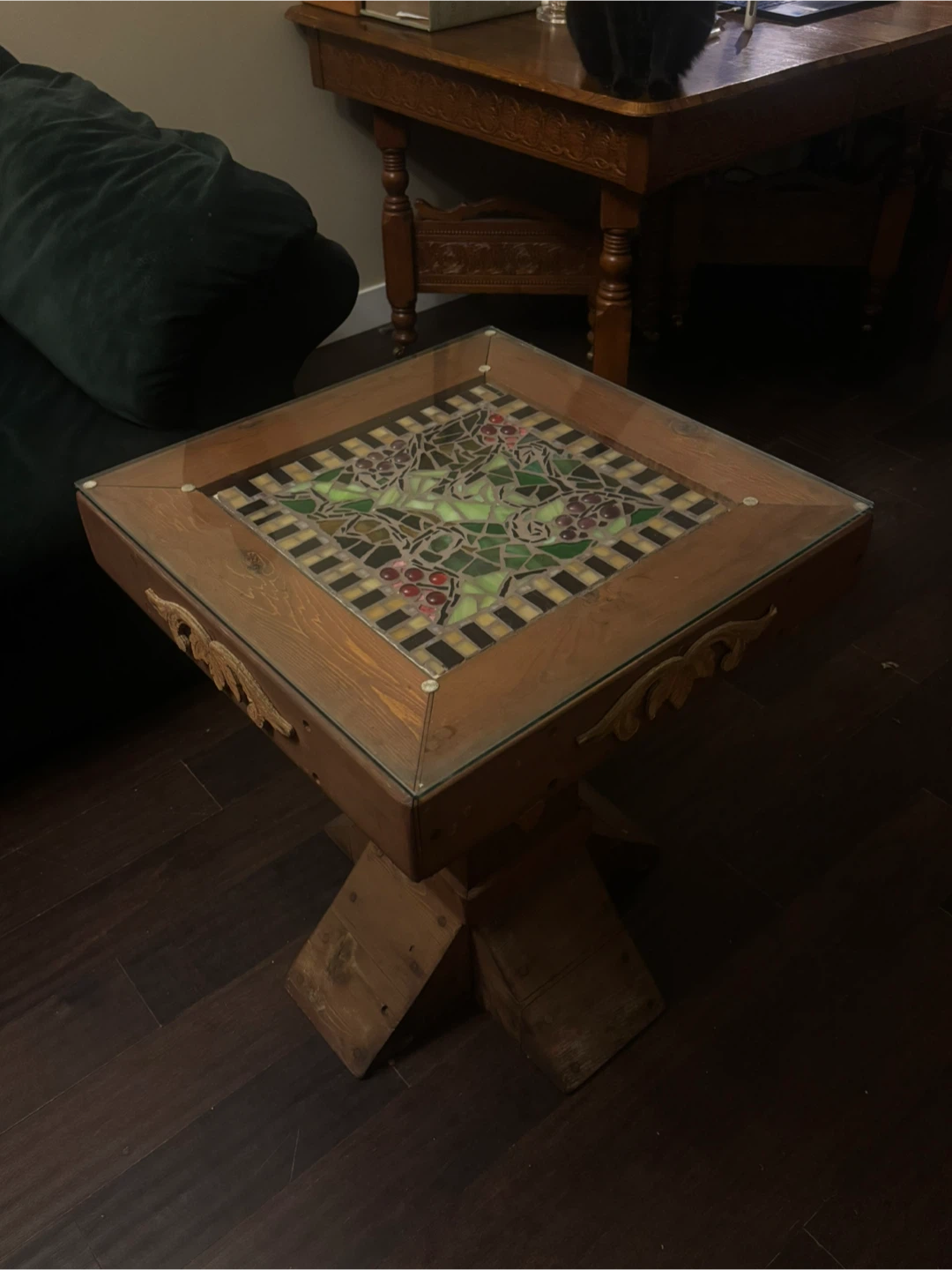 Handcrafted Solid Cedar Pedestal Table Mosaic & Glass Top - photo 3
