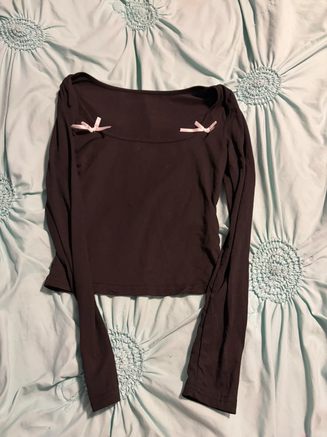 Black Long Sleeve Bow Detail Top
