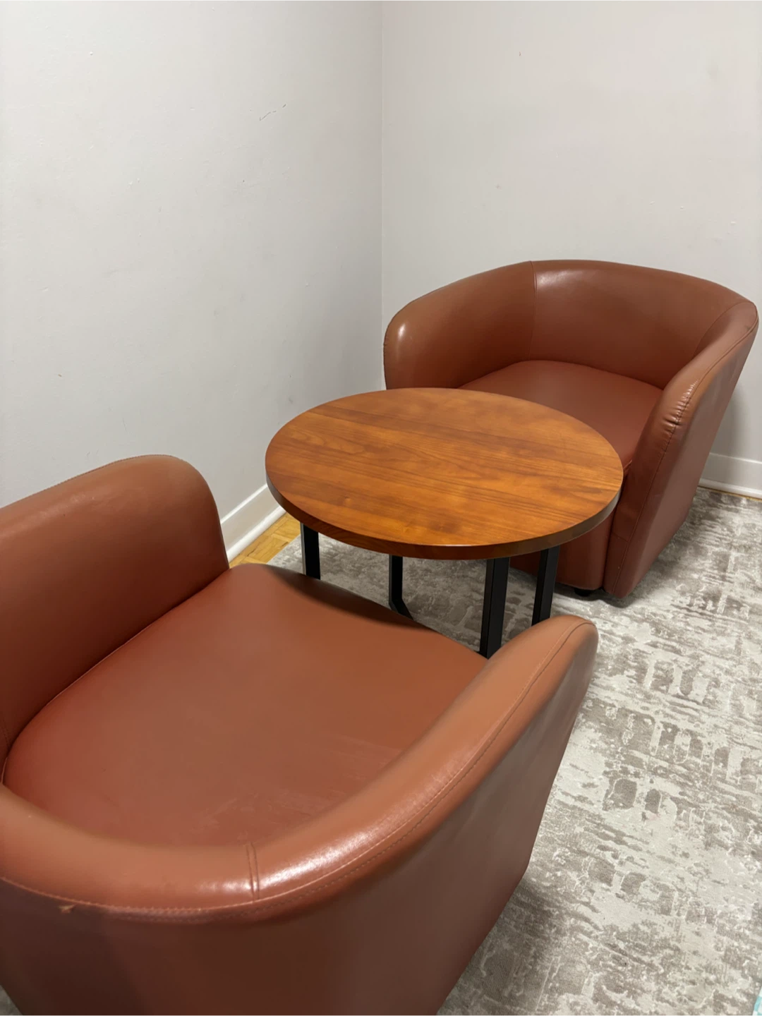 Two Brown Faux Leather Barrel Chairs with coffee table - photo 2