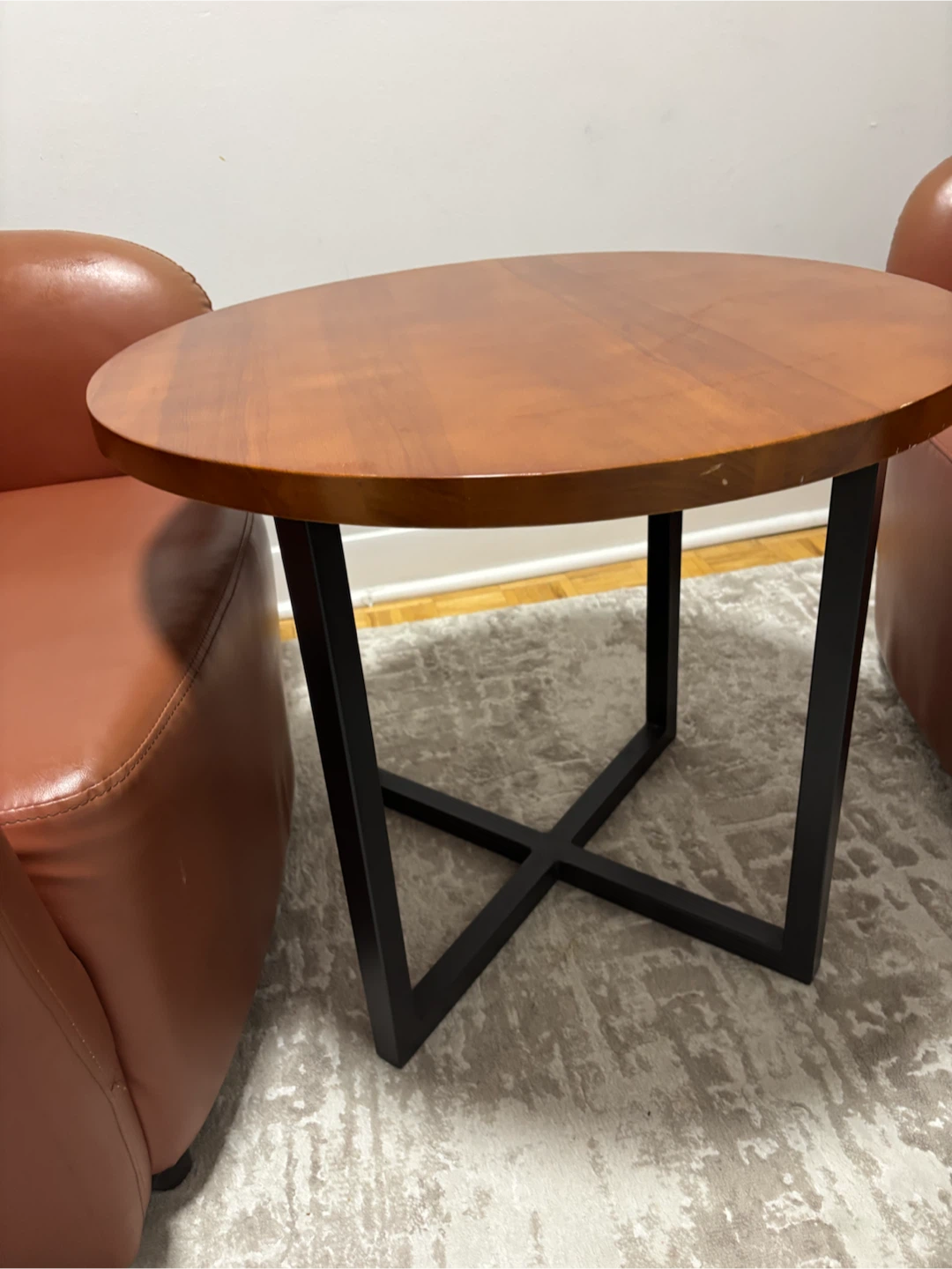Two Brown Faux Leather Barrel Chairs with coffee table - photo 3